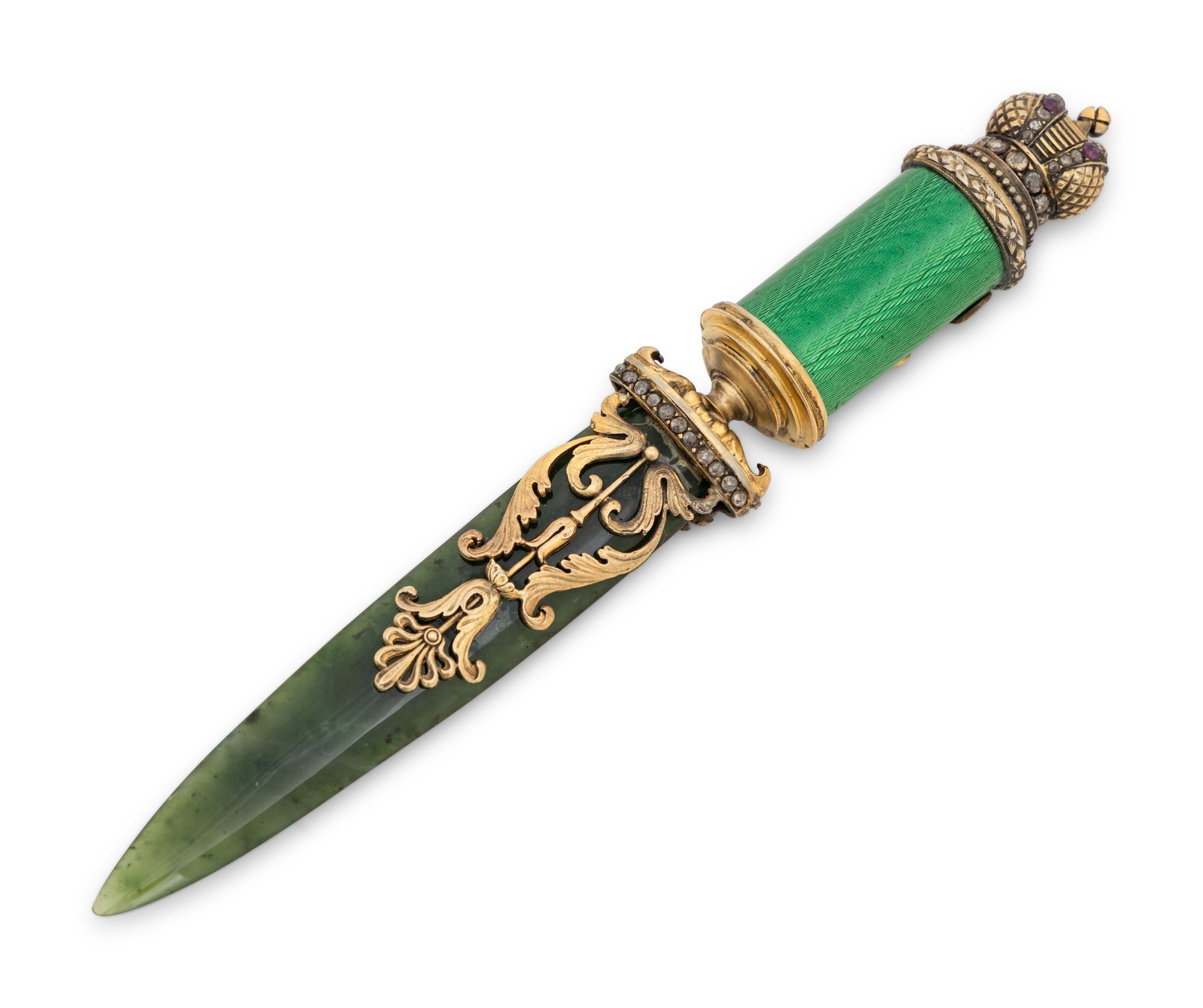 A Russian Spinach Jade and Jewel Mounted Silver Gilt and Guilloché Enameled Letter Opener