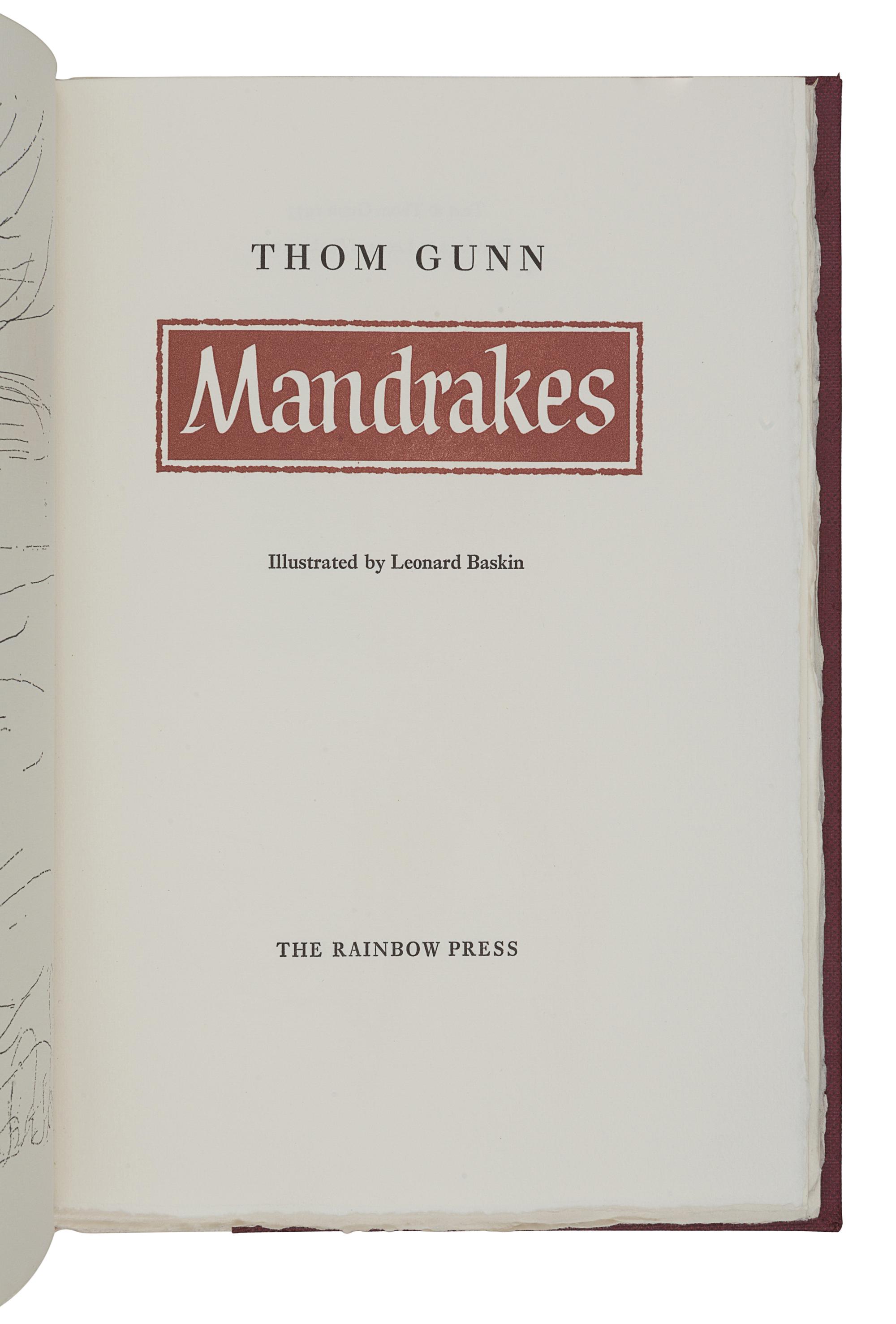[FINE PRESS & LIVRE D'ARTISTE]. -- BASKIN, Leonard (1922-2000), illustrator. -- GUNN, Thom (1929-2004). Mandrakes . London: Rainbow Press, [1973].