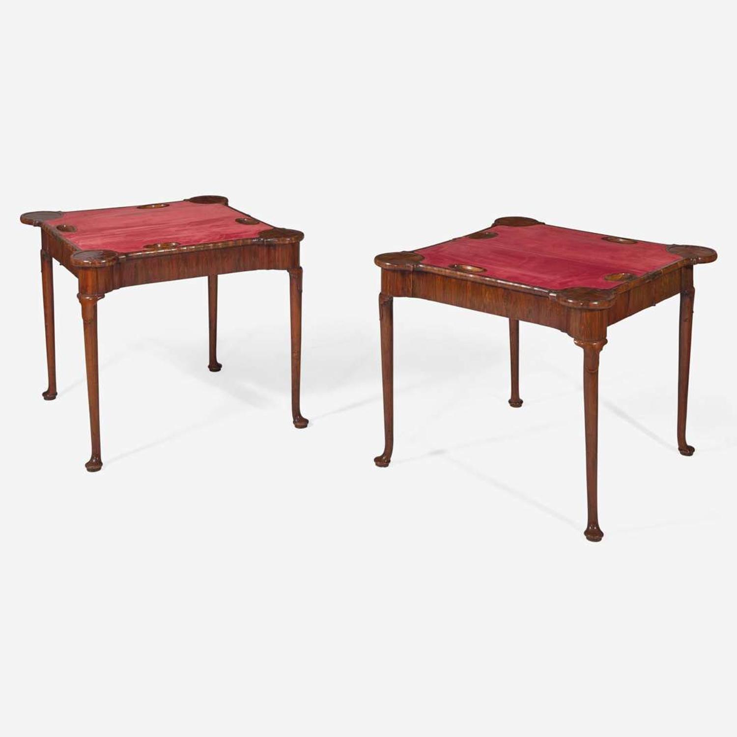 A pair of Queen Anne laburnum concertina action card tables circa 1715