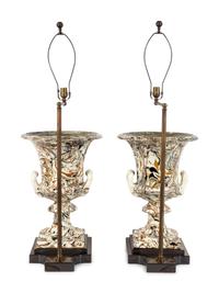 A Pair of Marble-Glazed Terracotta Urns Mounted as Lamps