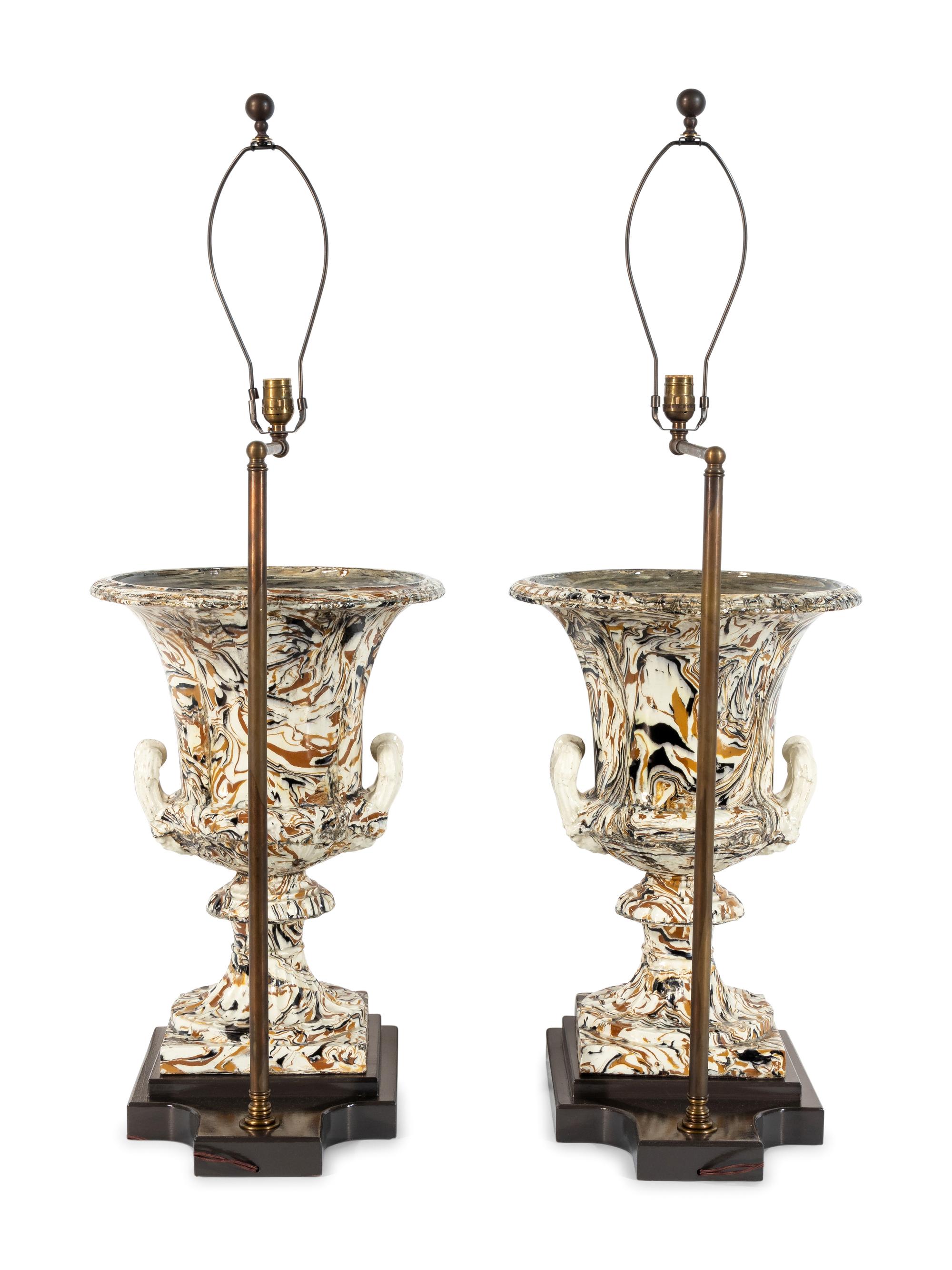 A Pair of Marble-Glazed Terracotta Urns Mounted as Lamps