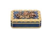 A French Yellow Gold and Guillioche Enamel Box, 19th/20th Century, of rectangular form with canted corners, the lid centered with a flo