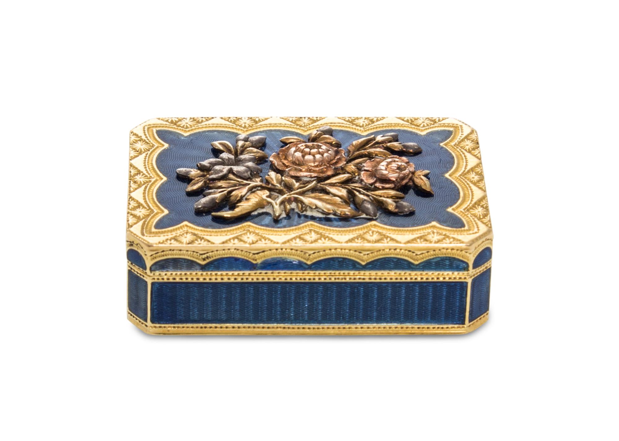 A French Yellow Gold and Guillioche Enamel Box, 19th/20th Century, of rectangular form with canted corners, the lid centered with a flo