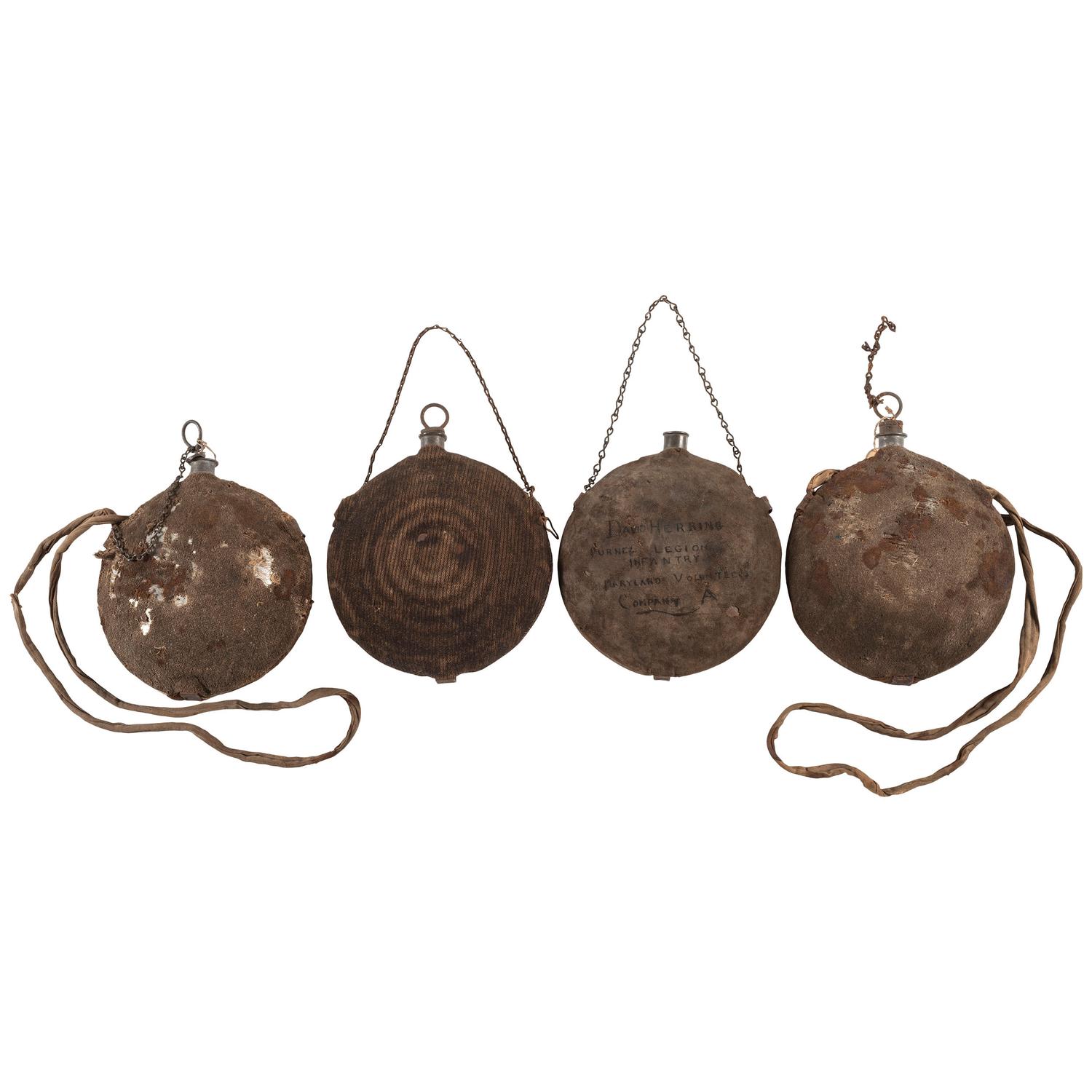 Lot of Four Civil War Union Canteens (3 Smooth Side, 1 Bullseye, 2 Maker Marked)