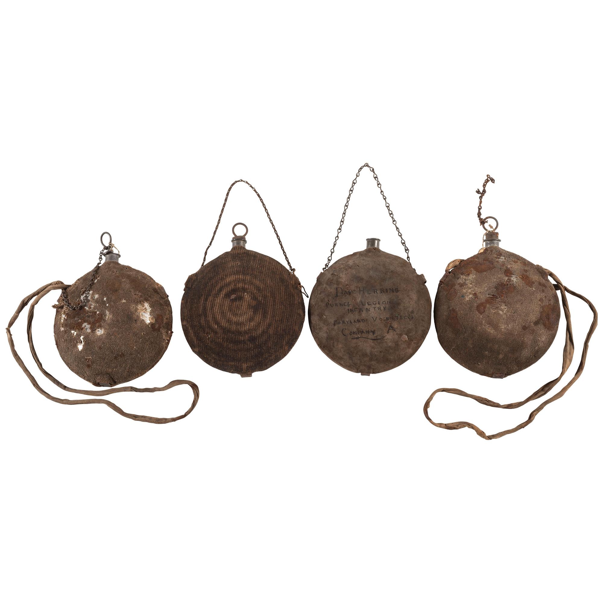 Lot of Four Civil War Union Canteens (3 Smooth Side, 1 Bullseye, 2 Maker Marked)