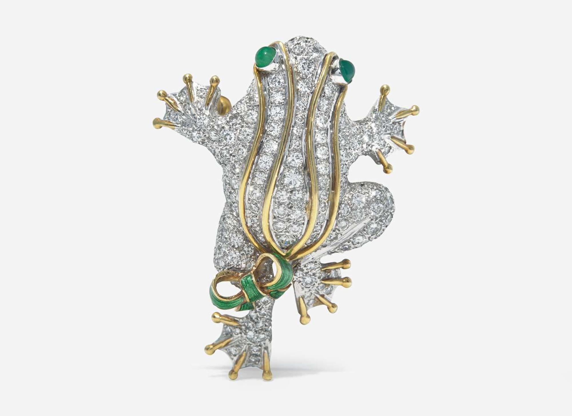 A Two-Tone 18K Gold, Diamond, Emerald, and Enamel Brooch