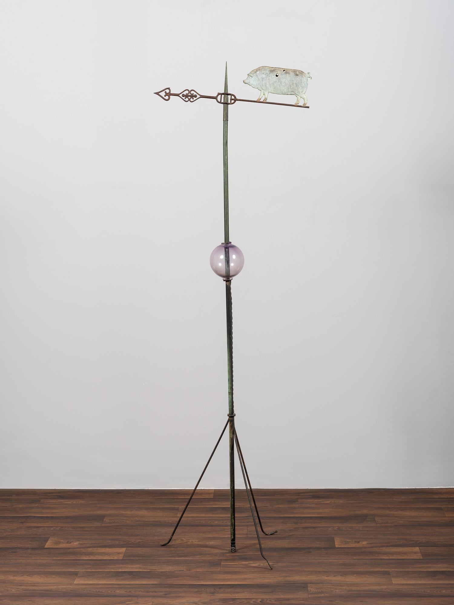 A Molded Copper Pig and Arrow Weathervane on Stand