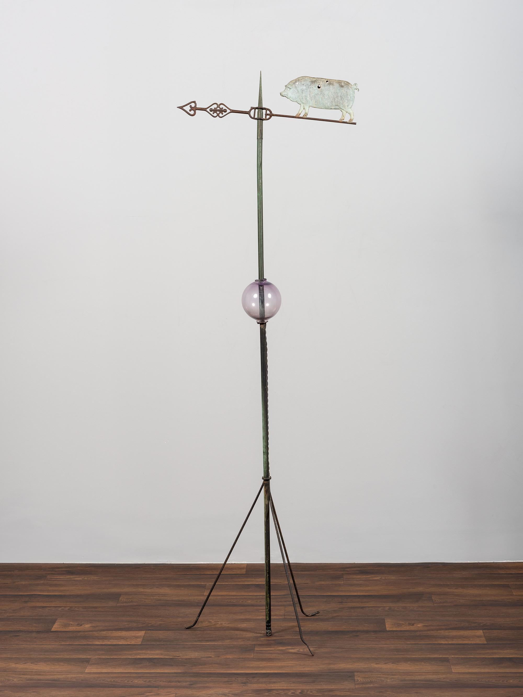 A Molded Copper Pig and Arrow Weathervane on Stand