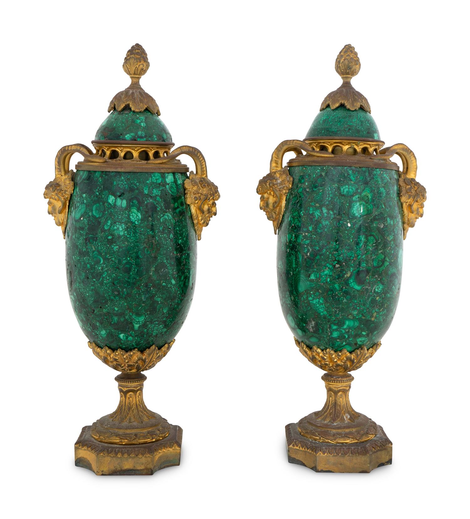 A Pair of French Gilt Bronze Mounted Malachite Cassolettes