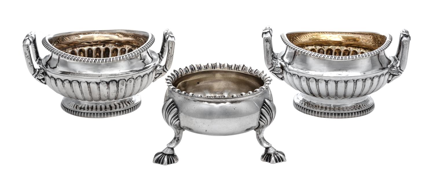 A Pair of George III Silver Master Salts, Daniel Pontifex, London, 1805 & 1806, each having a ribbed body and foliate loop handles, rai