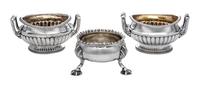 A Pair of George III Silver Master Salts, Daniel Pontifex, London, 1805 & 1806, each having a ribbed body and foliate loop handles, rai