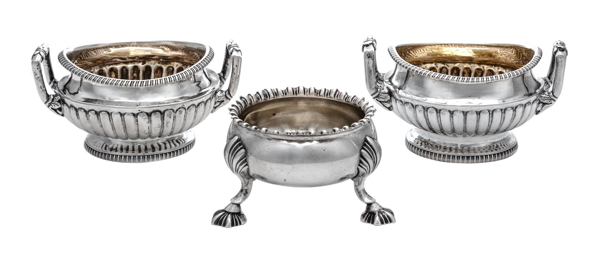A Pair of George III Silver Master Salts, Daniel Pontifex, London, 1805 & 1806, each having a ribbed body and foliate loop handles, rai