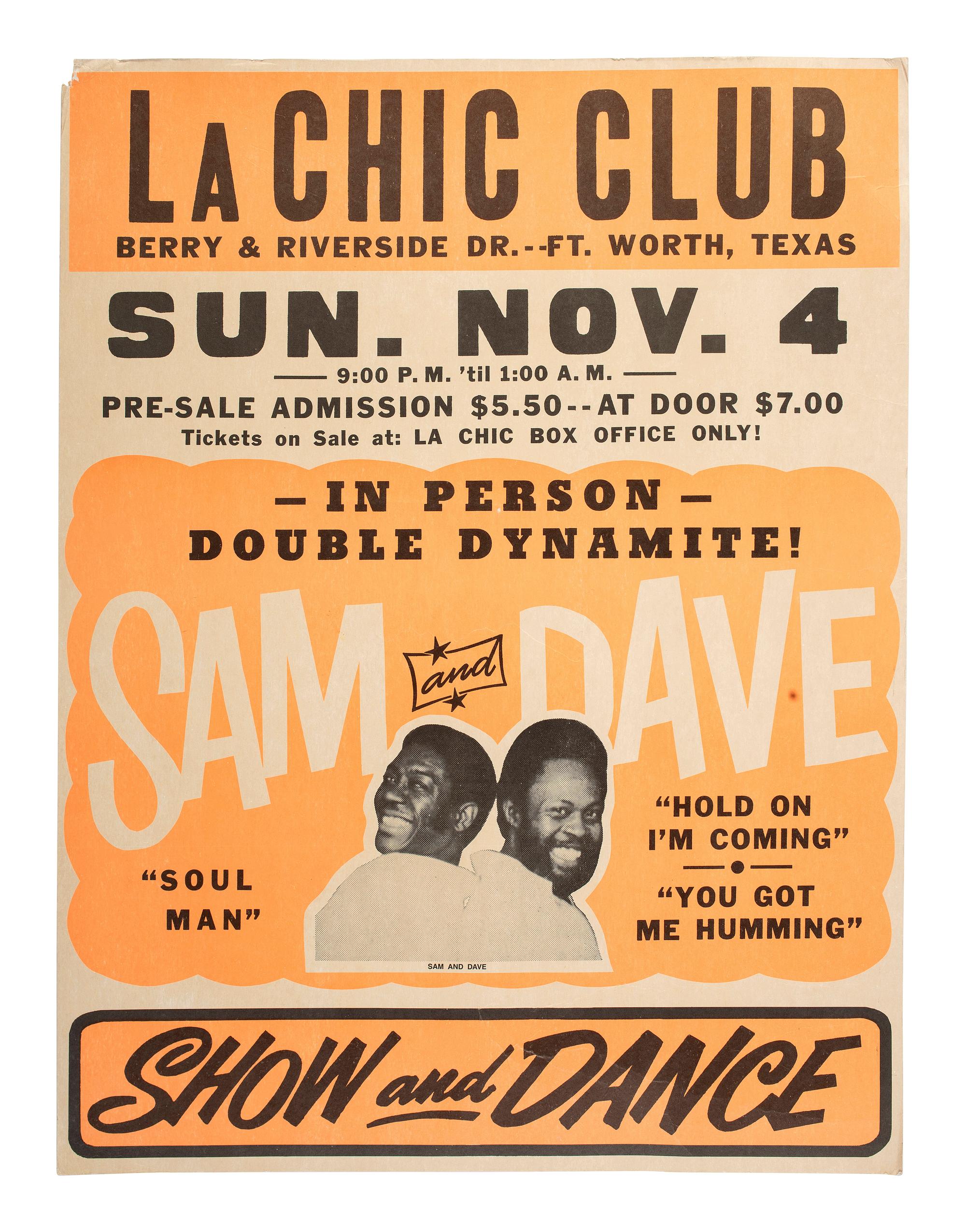 [MUSIC]. In Person. Double Dynamite! Sam and Dave . La Chic Club, Ft. Worth, TX. 4 November [1973].