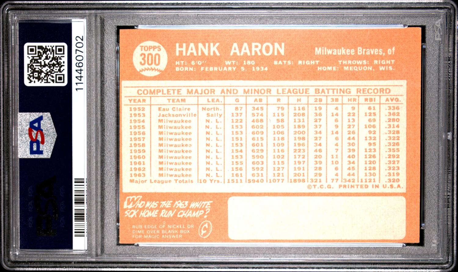 A 1964 Topps Hank Aaron Baseball Card No. 300 (PSA 4 VG-EX)