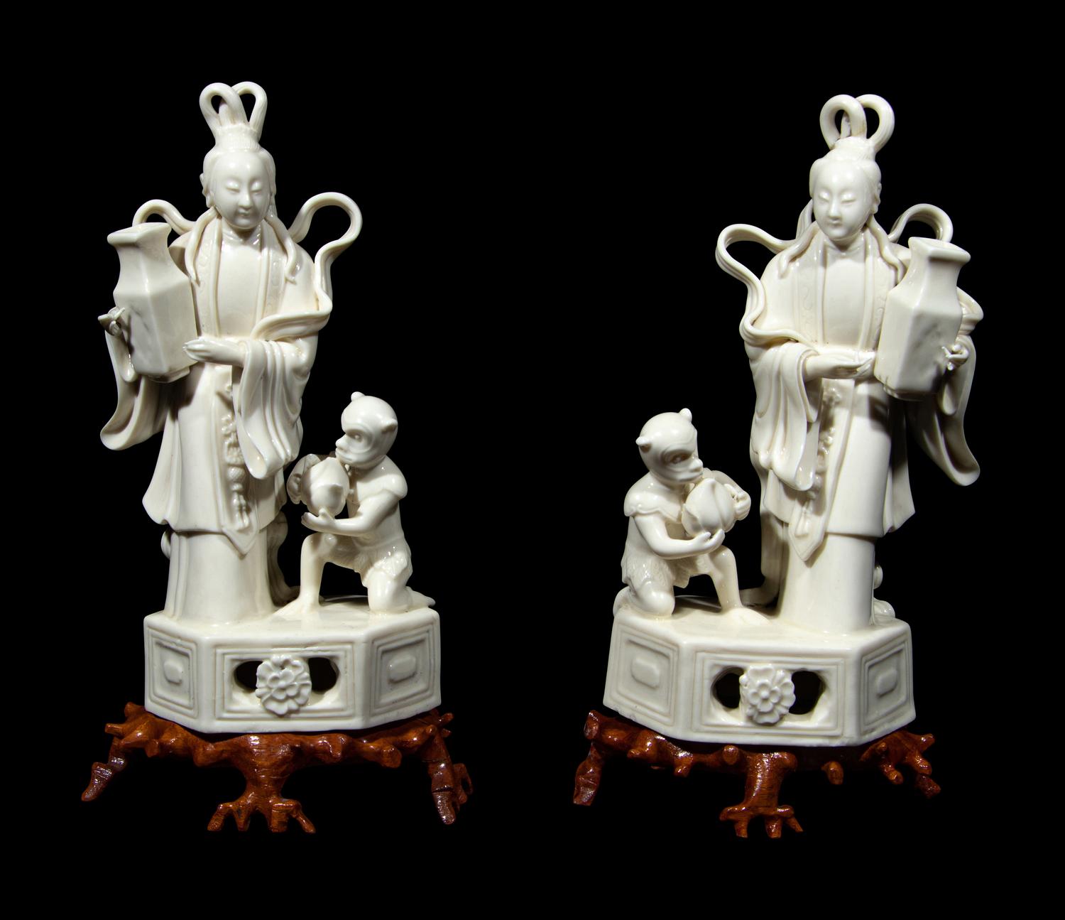 A Pair of Chinese Blanc-de-Chine Porcelain Figural Groups