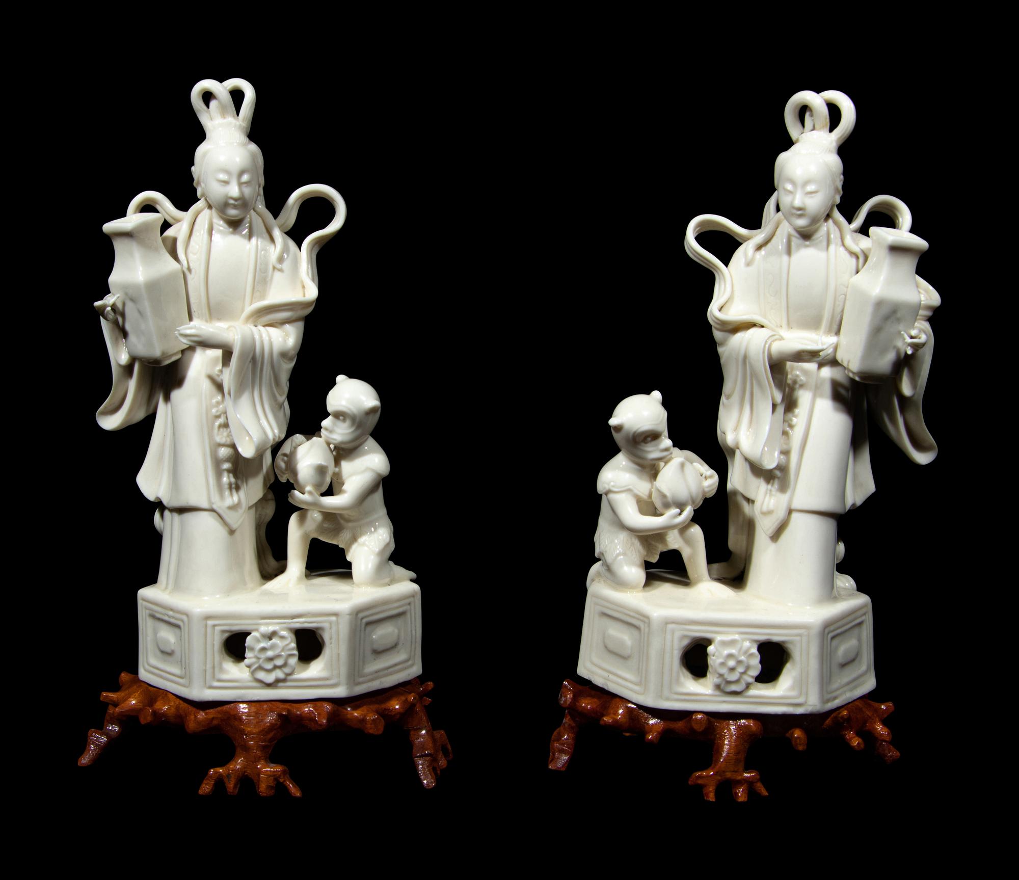 A Pair of Chinese Blanc-de-Chine Porcelain Figural Groups