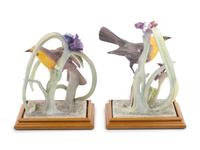A Pair of Royal Worcester Dorothy Doughty Yellow Headed Blackbirds and Spiderwort Groups