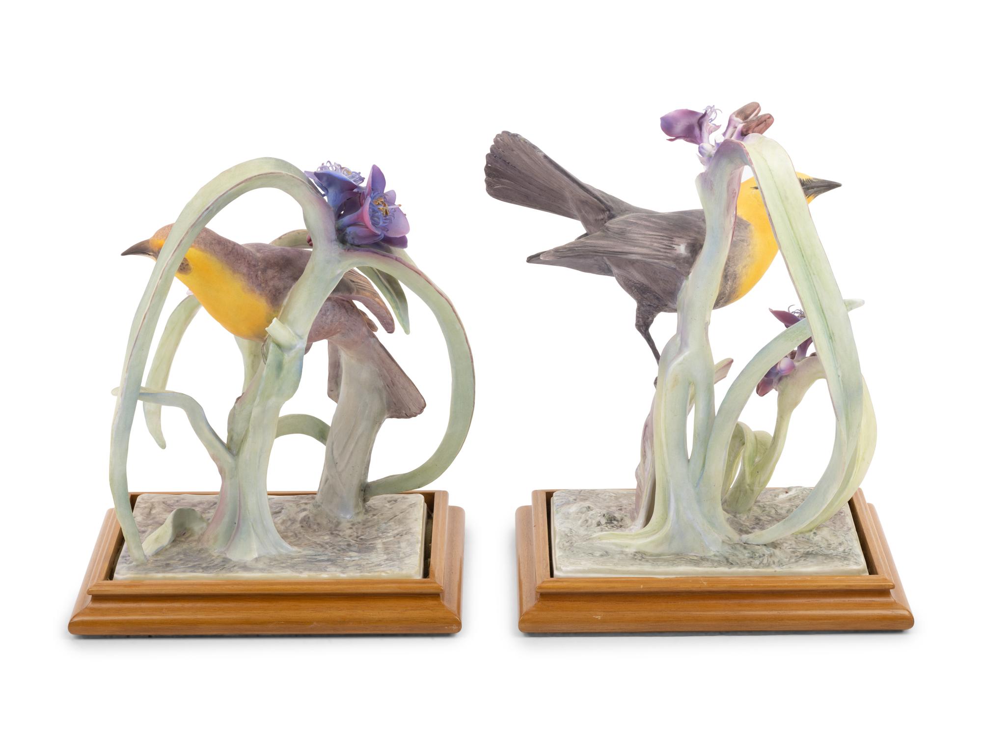A Pair of Royal Worcester Dorothy Doughty Yellow Headed Blackbirds and Spiderwort Groups