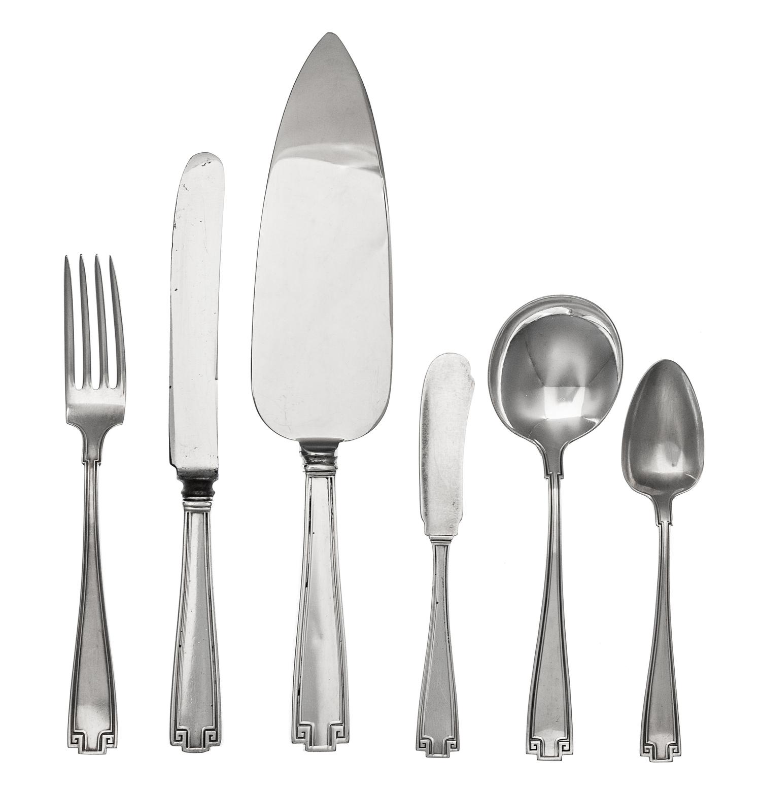 An American Silver Flatware Service, Gorham Mfg. Co., Providence, RI, Etruscan pattern, comprising: 11 dinner knives 11 dinner forks 12