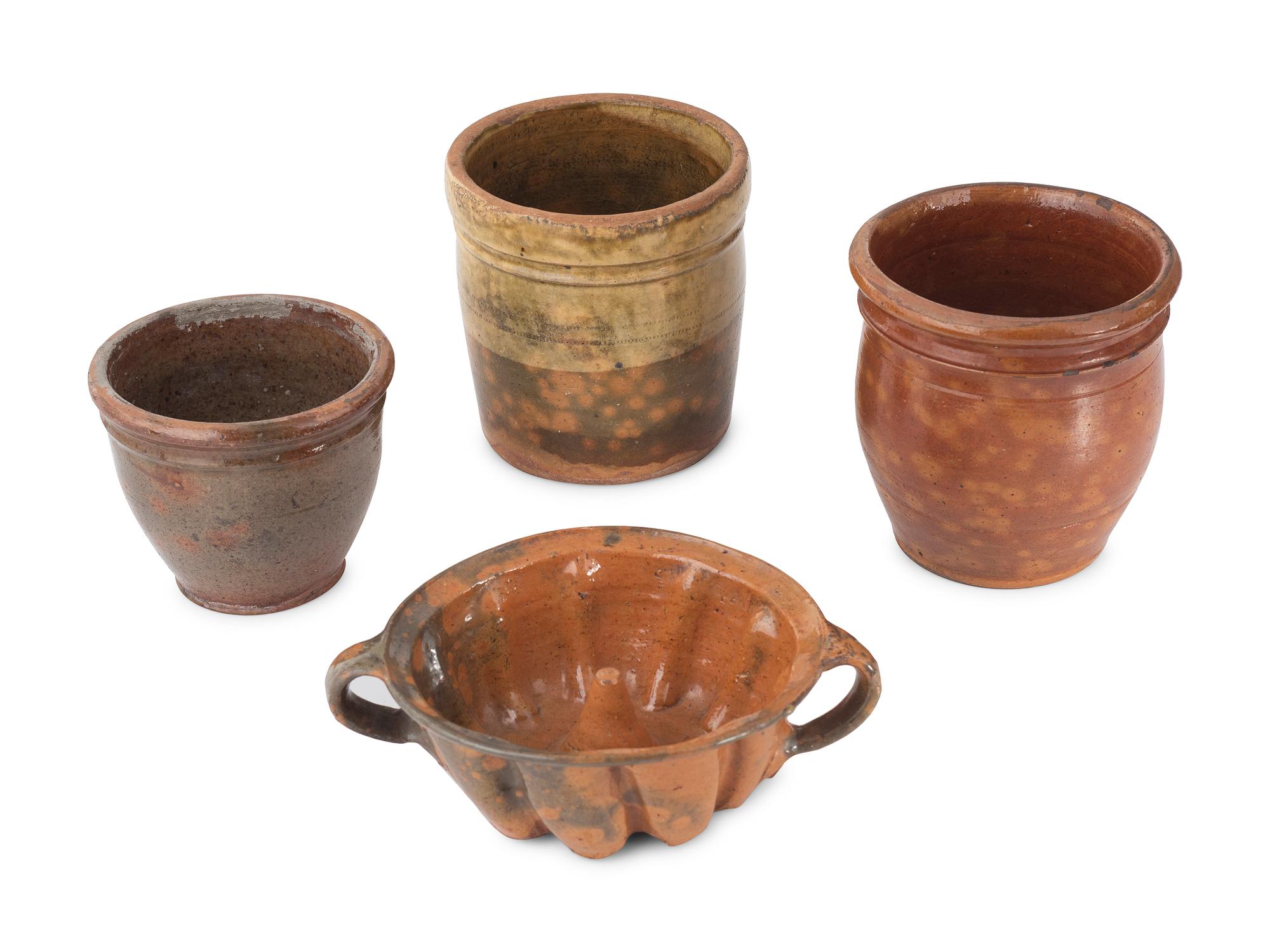 Four Galena Glaze Redware Vessels