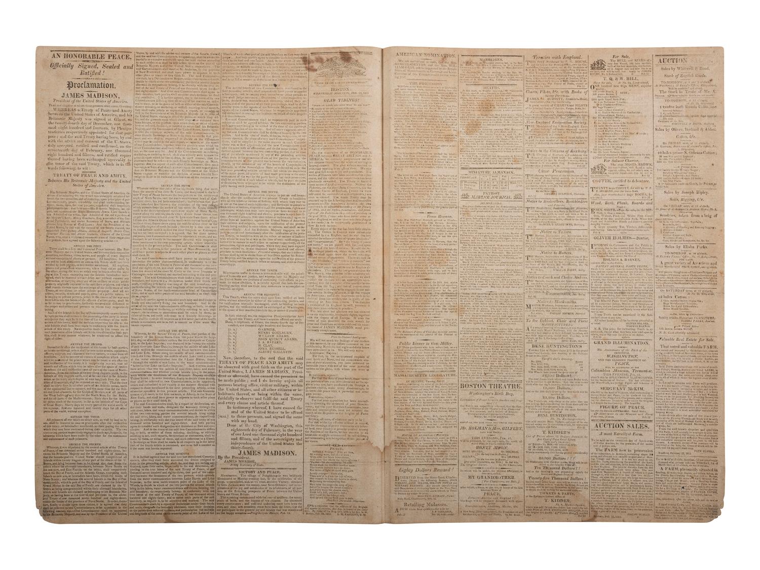 [WAR OF 1812]. Boston Patriot . No. 48, Vol. XIL. Boston, MA: Davis C. Ballard, 22 February 1815.