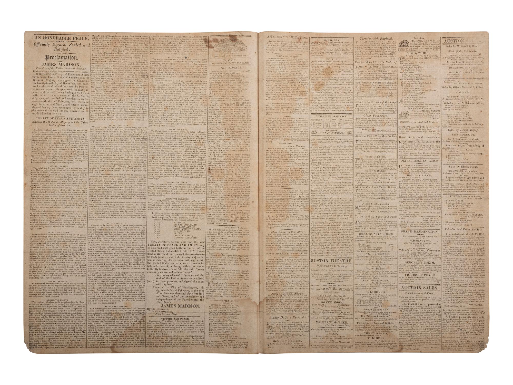 [WAR OF 1812]. Boston Patriot . No. 48, Vol. XIL. Boston, MA: Davis C. Ballard, 22 February 1815.