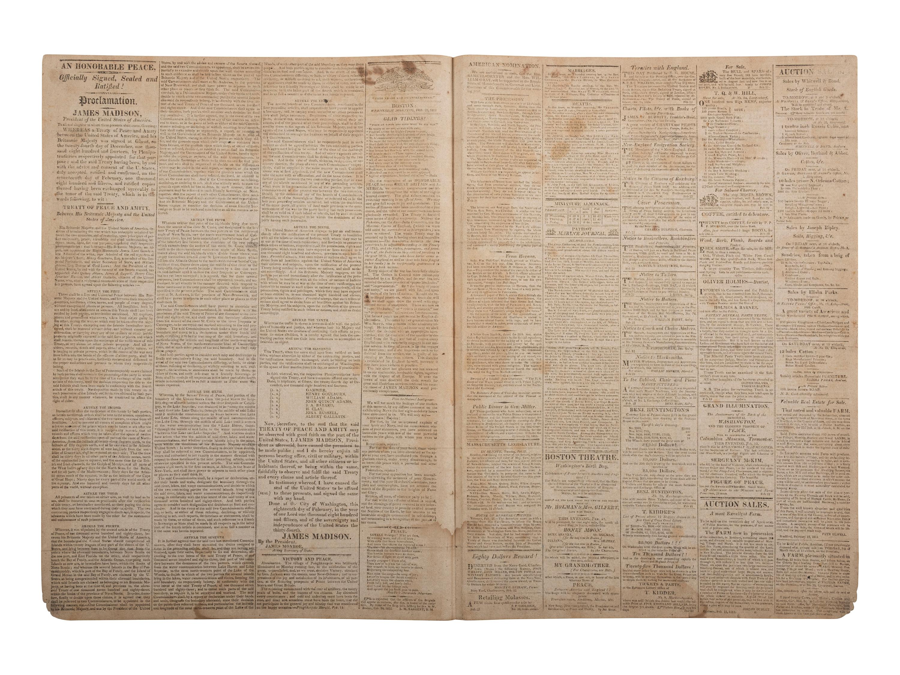 [WAR OF 1812]. Boston Patriot . No. 48, Vol. XIL. Boston, MA: Davis C. Ballard, 22 February 1815.