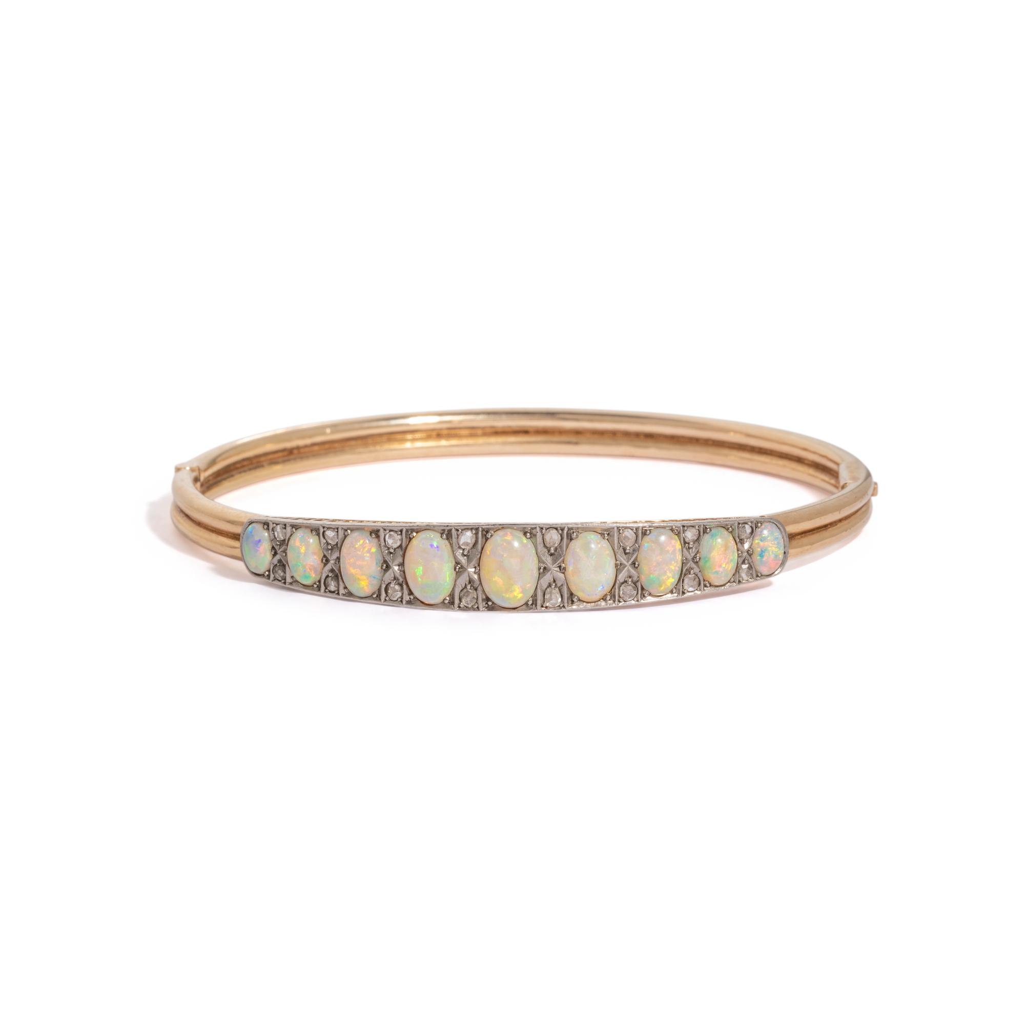 GOLD, OPAL, AND DIAMOND BANGLE BRACELET