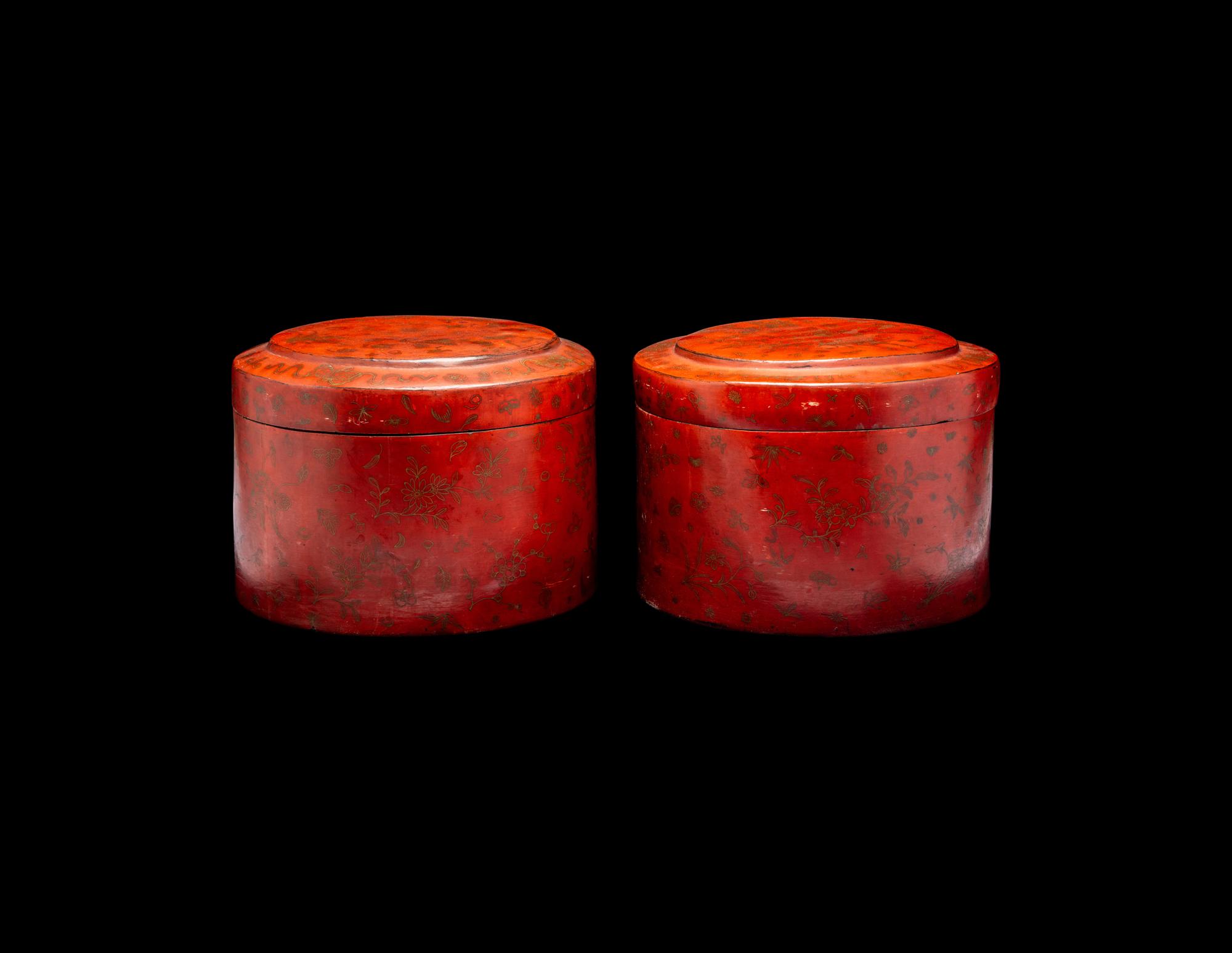 A Pair of Chinese Gilt Decorated Red Lacquer Hat Boxes