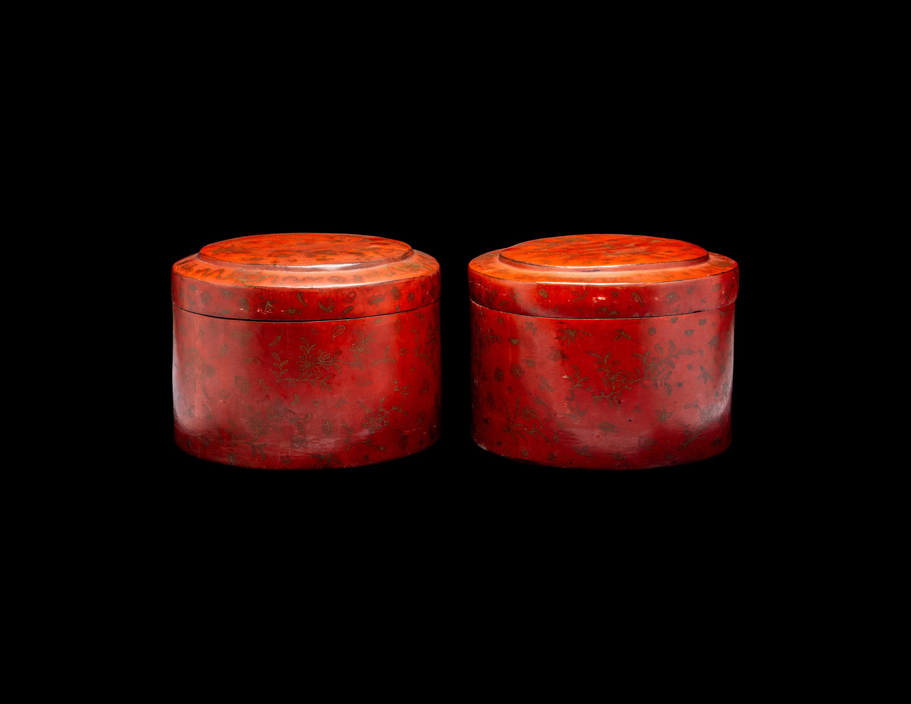 A Pair of Chinese Gilt Decorated Red Lacquer Hat Boxes