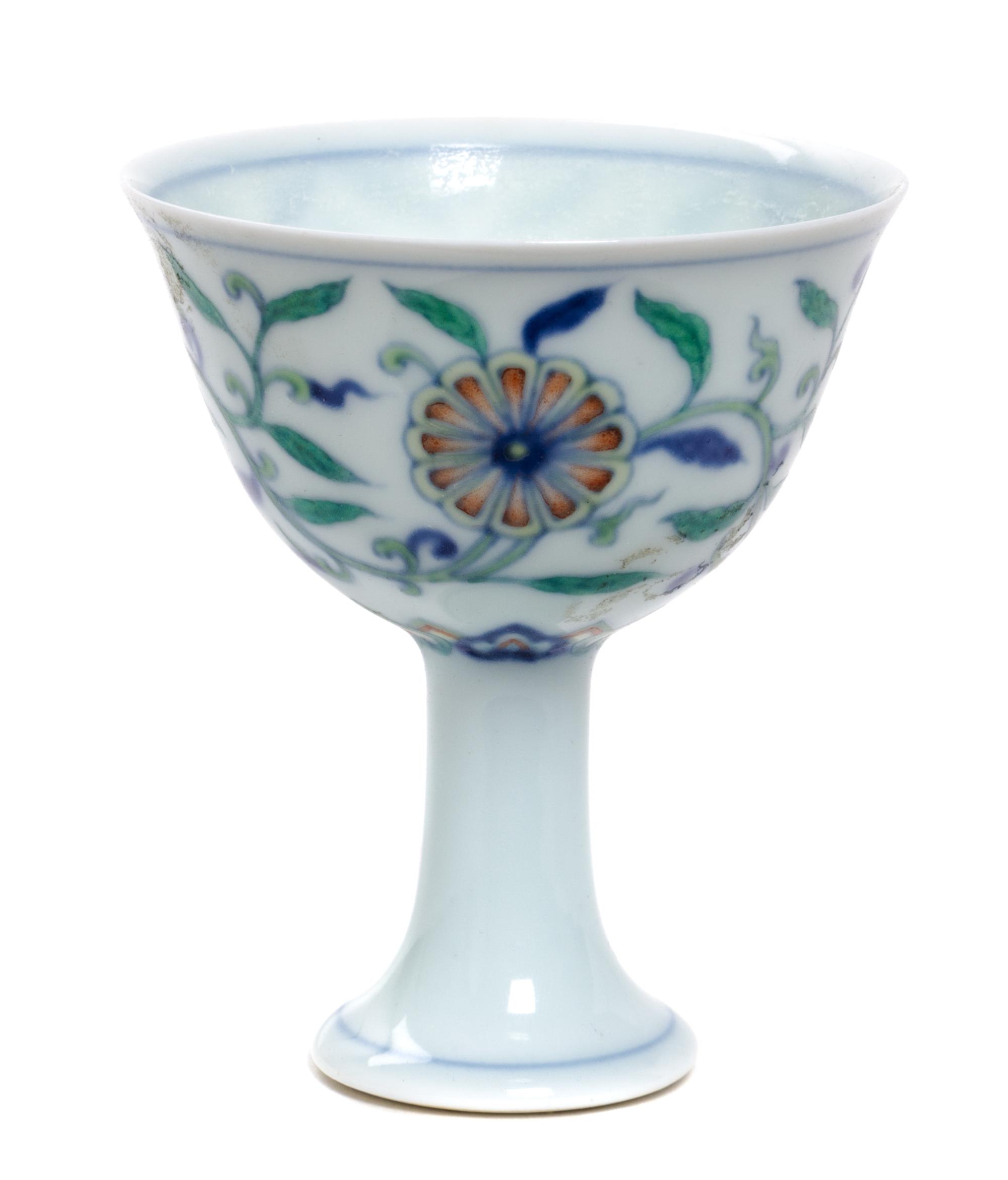 A Doucai Porcelain Stem Cup Diameter 2 1/2 inches.