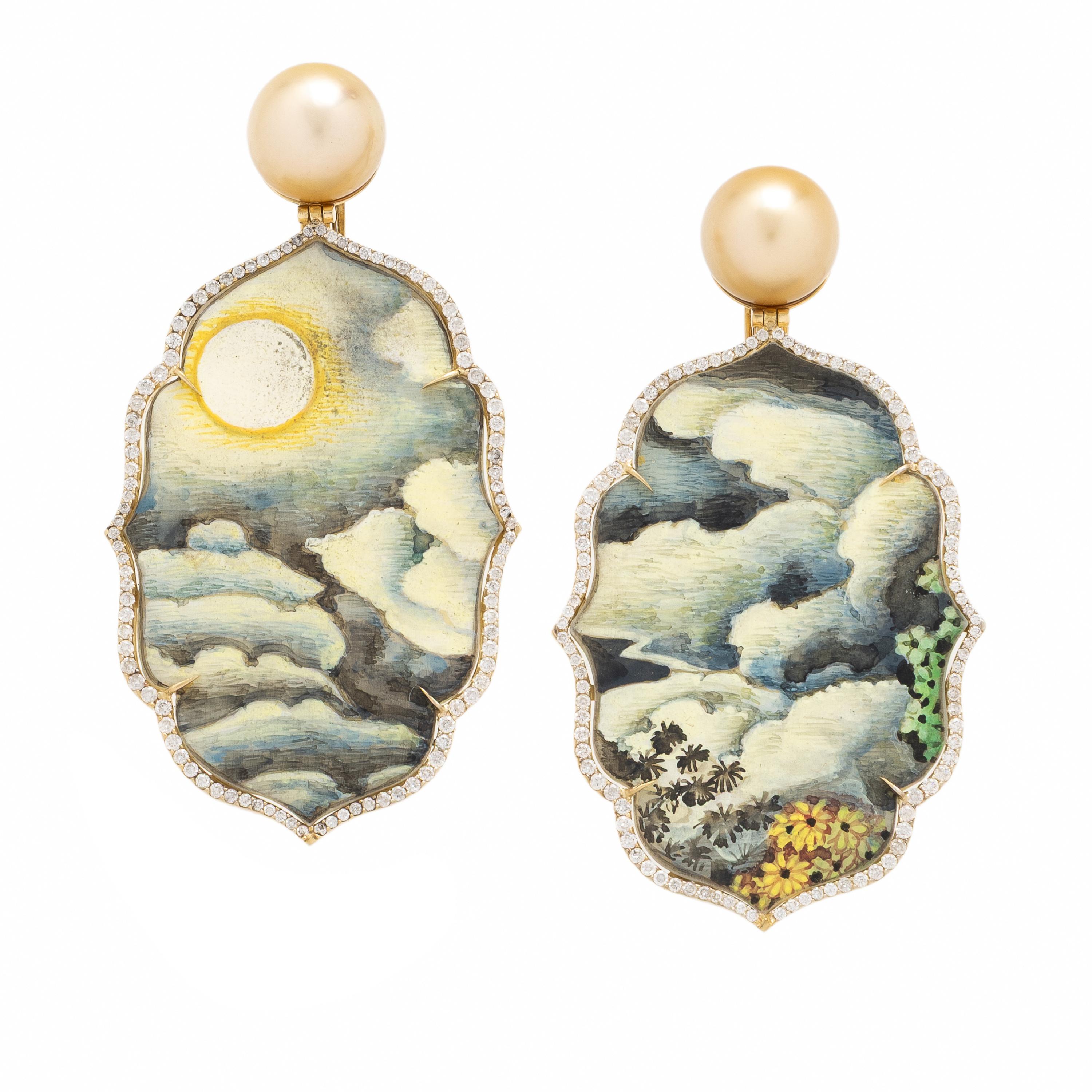 Silvia Furmanovich, Hand-Painted Miniature, Diamond, and Cultured Pearl 'India' Earrings