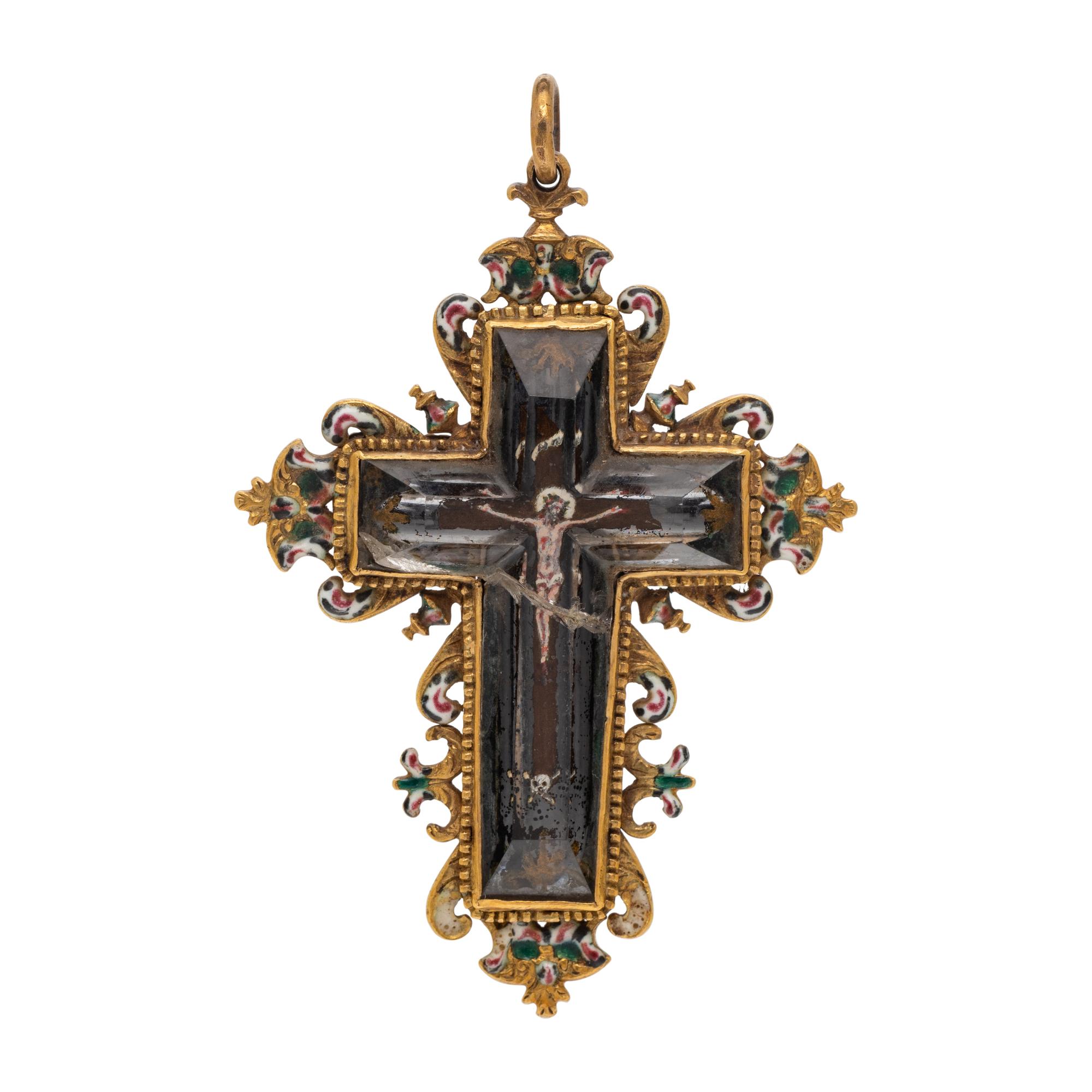 RENAISSANCE, YELLOW GOLD, ROCK CRYSTAL AND ENAMEL CROSS PENDANT