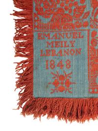 Two Blue and Orange Jacquard Wool and Cotton Coverlets