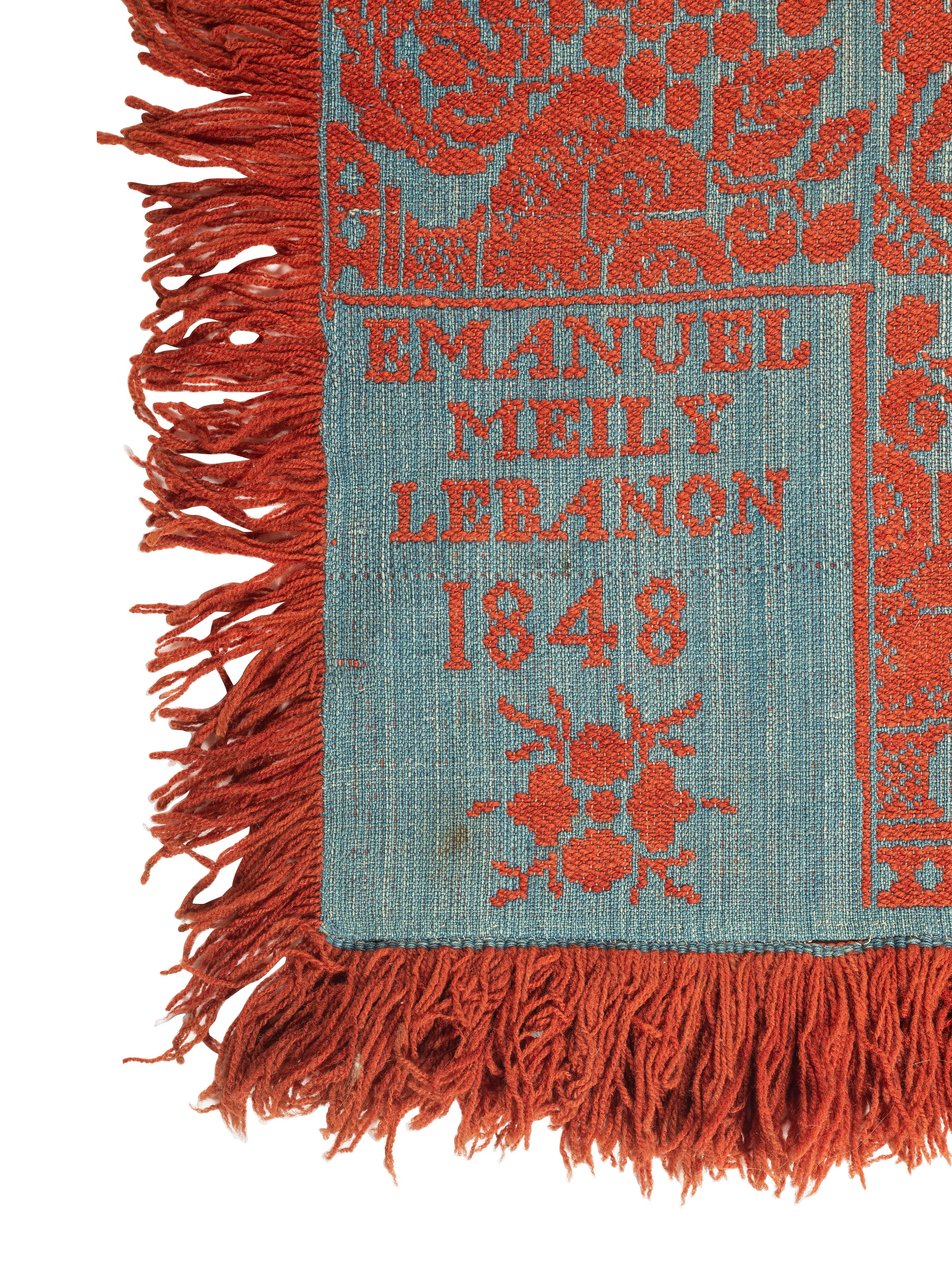 Two Blue and Orange Jacquard Wool and Cotton Coverlets