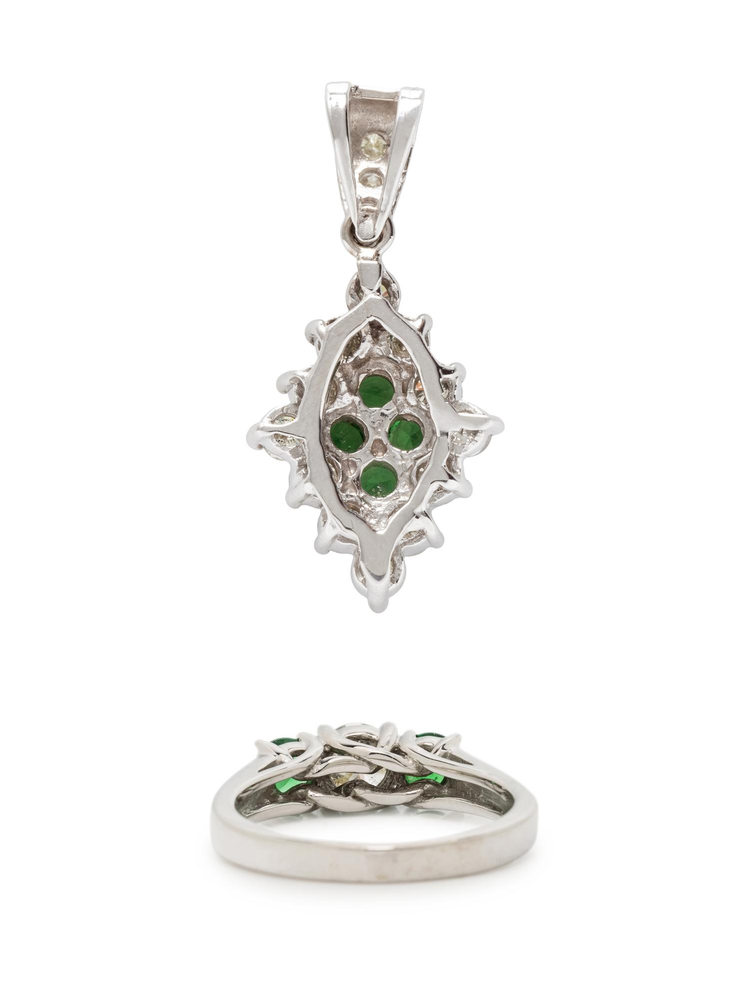 TSAVORITE GARNET AND DIAMOND PENDANT AND RING