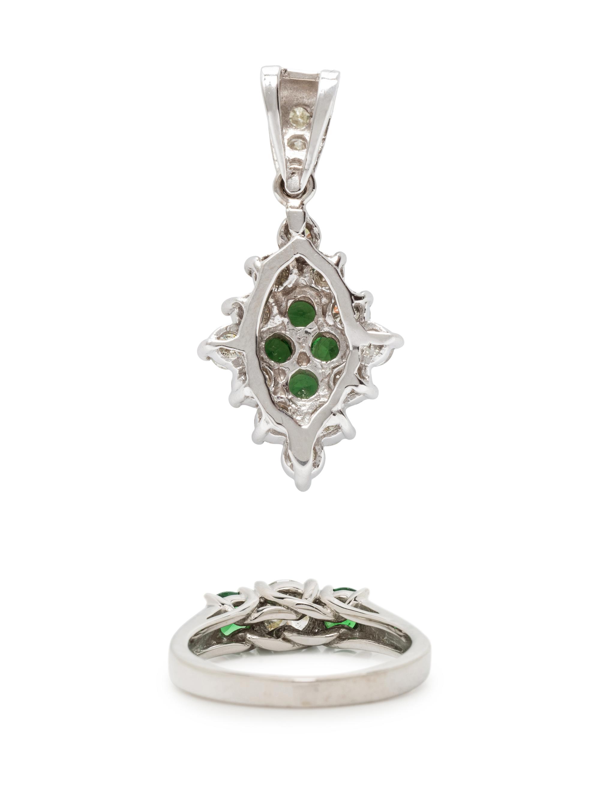 TSAVORITE GARNET AND DIAMOND PENDANT AND RING