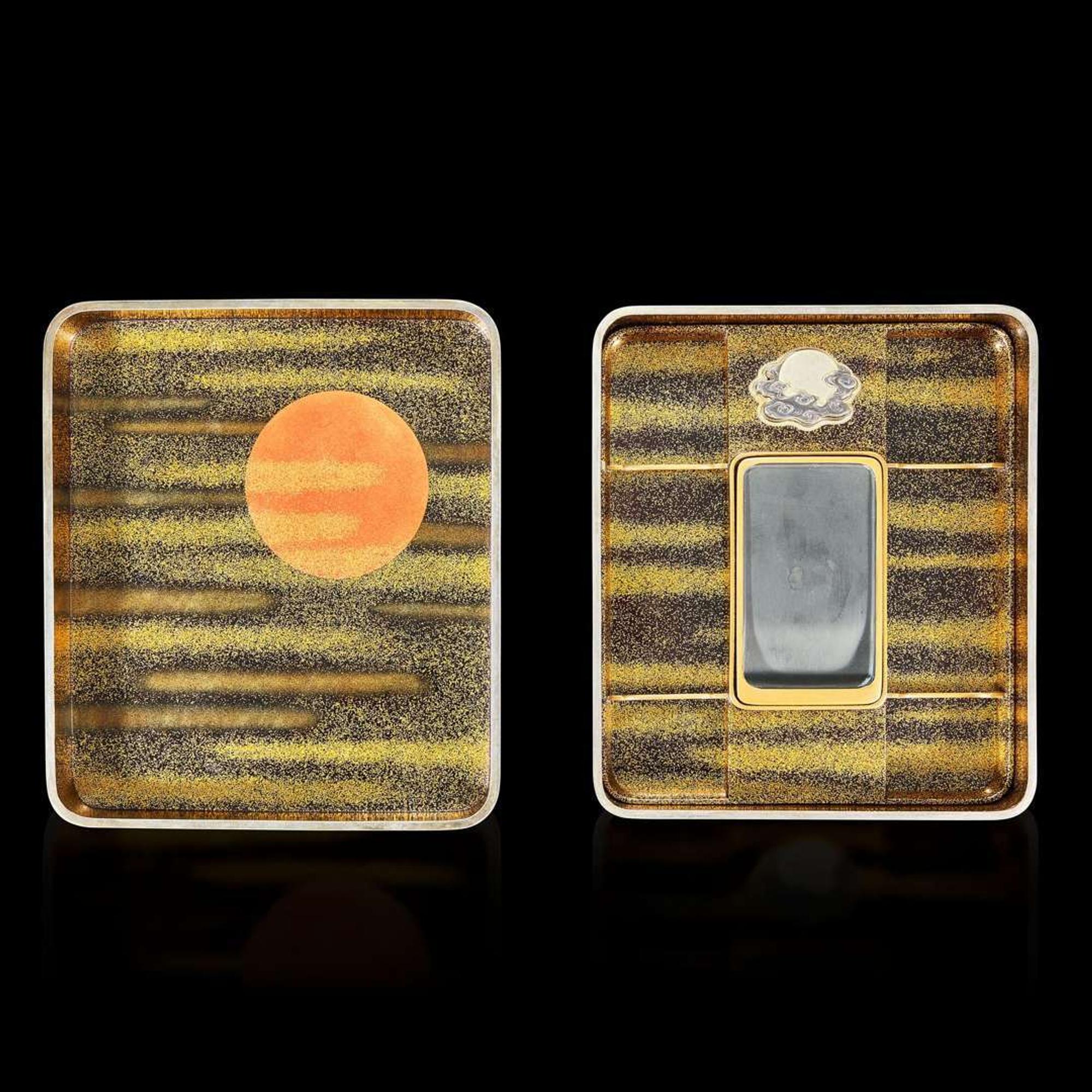 A Japanese inlaid lacquer "Ho-o and Kiri" writing box 日本时绘文具盒一件及包装木盒子
