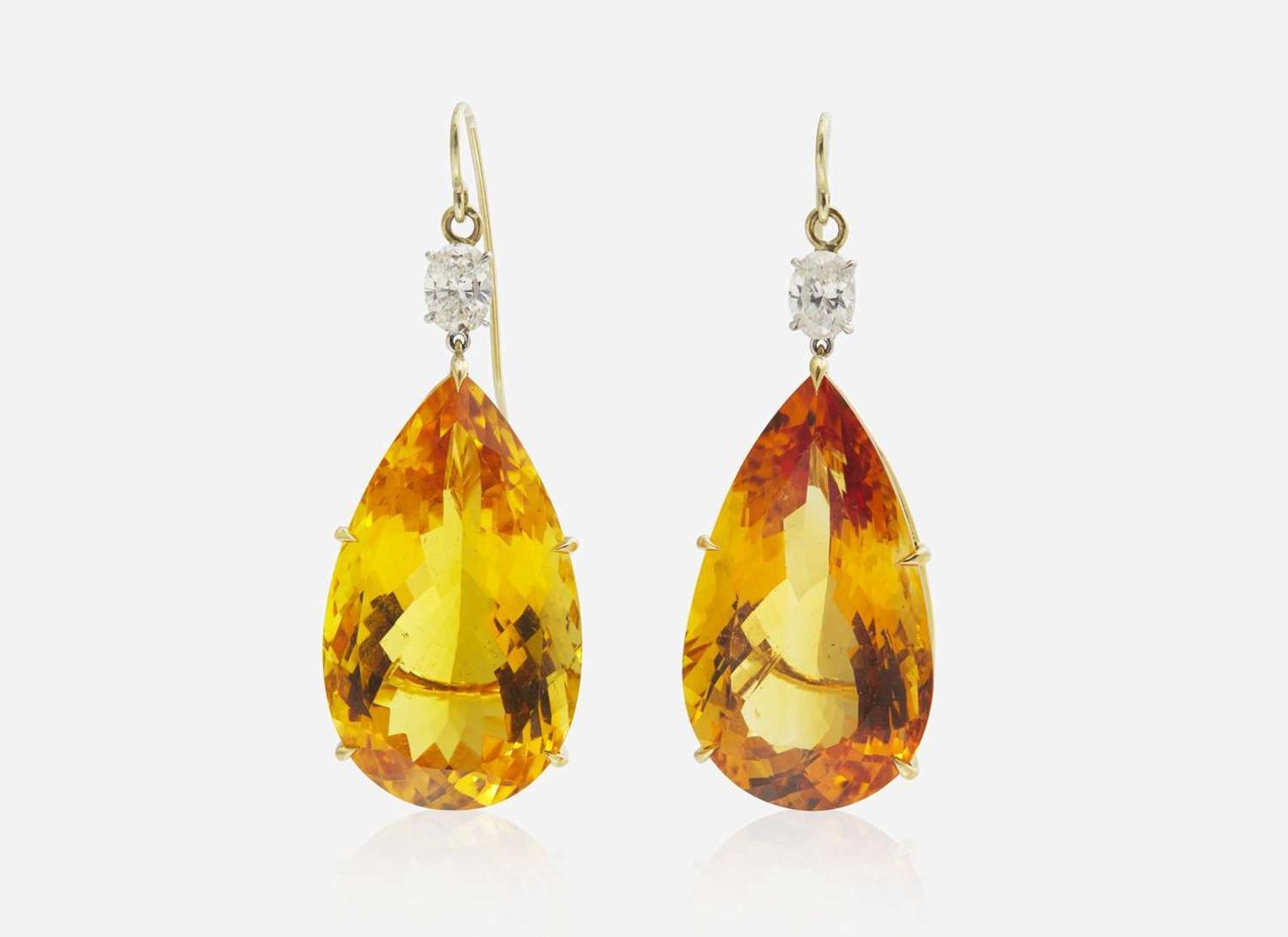 A Pair of Prominent Citrine and Diamond Earrings