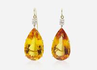 A Pair of Prominent Citrine and Diamond Earrings