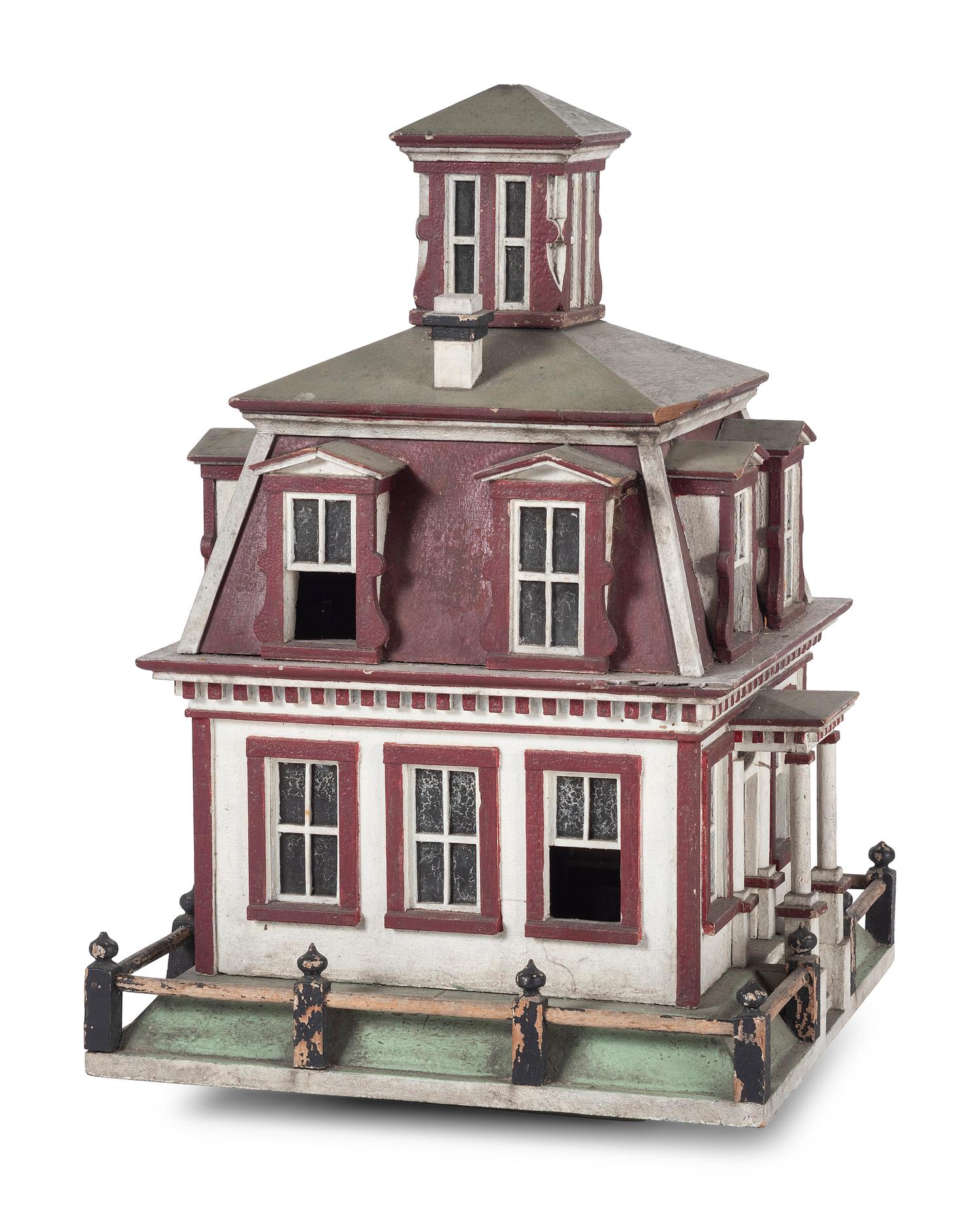 A Folk Art Painted Birdcage in the Form of a House