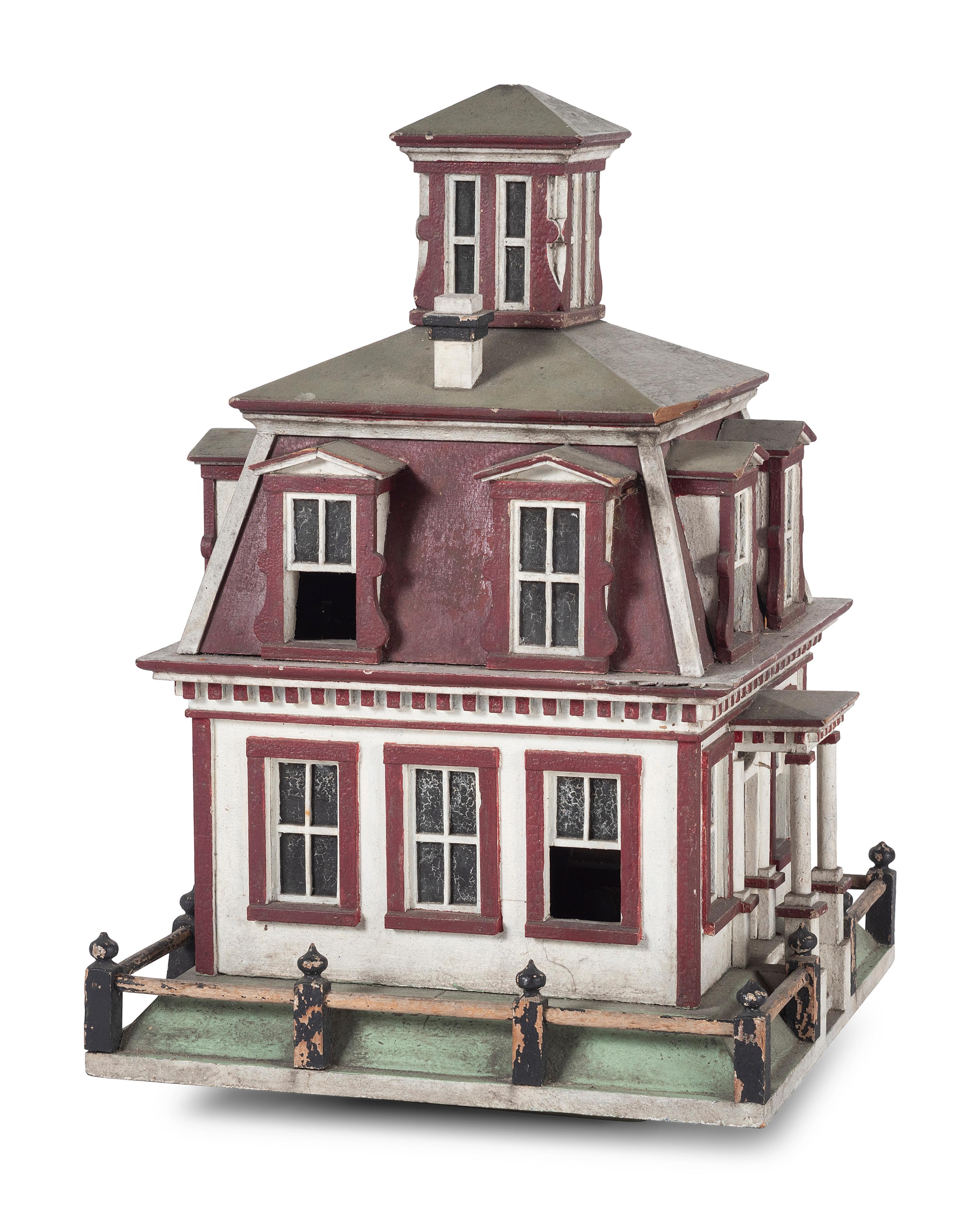 A Folk Art Painted Birdcage in the Form of a House
