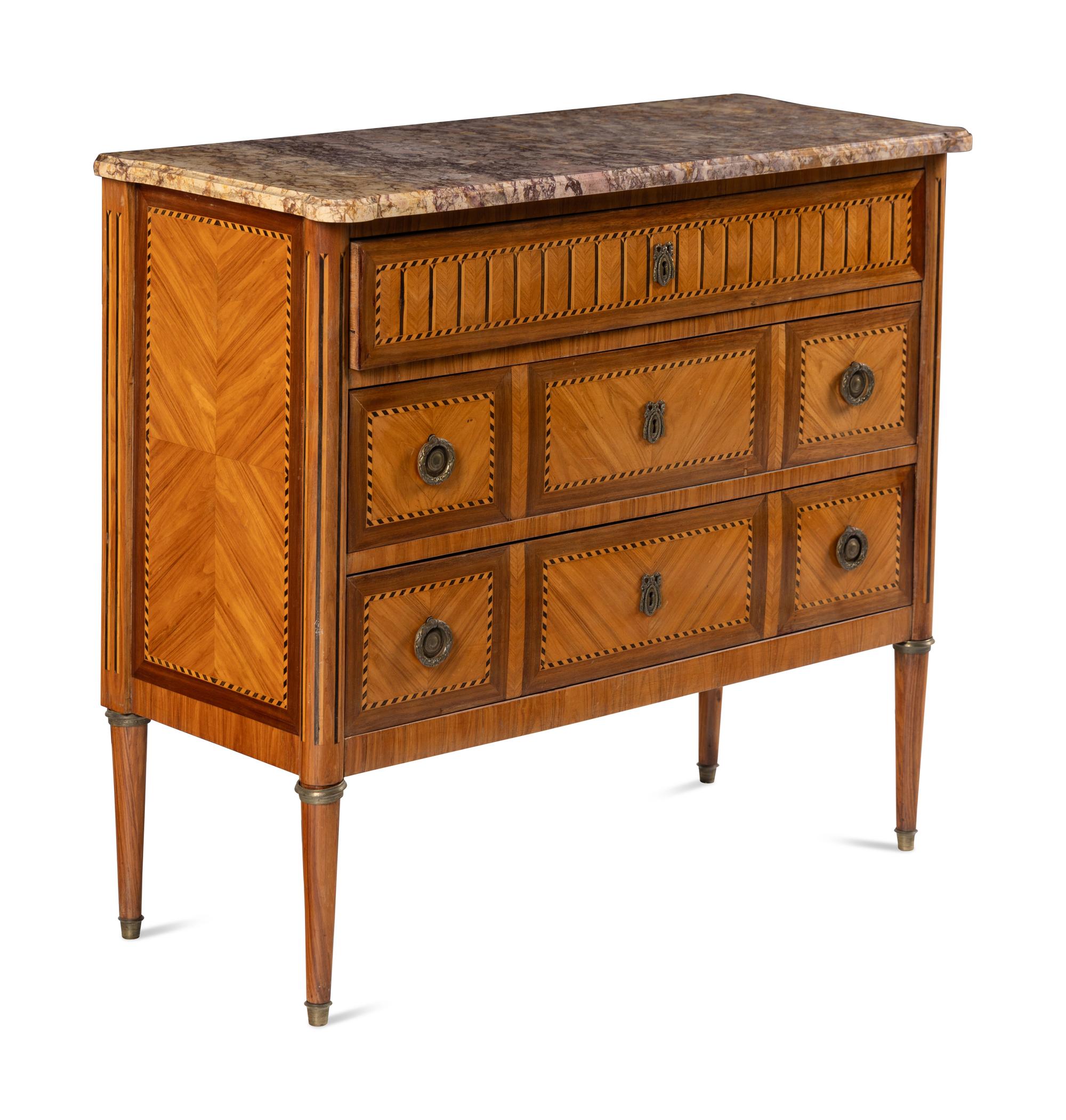 A Louis XVI Style Parquetry Marble-Top Commode