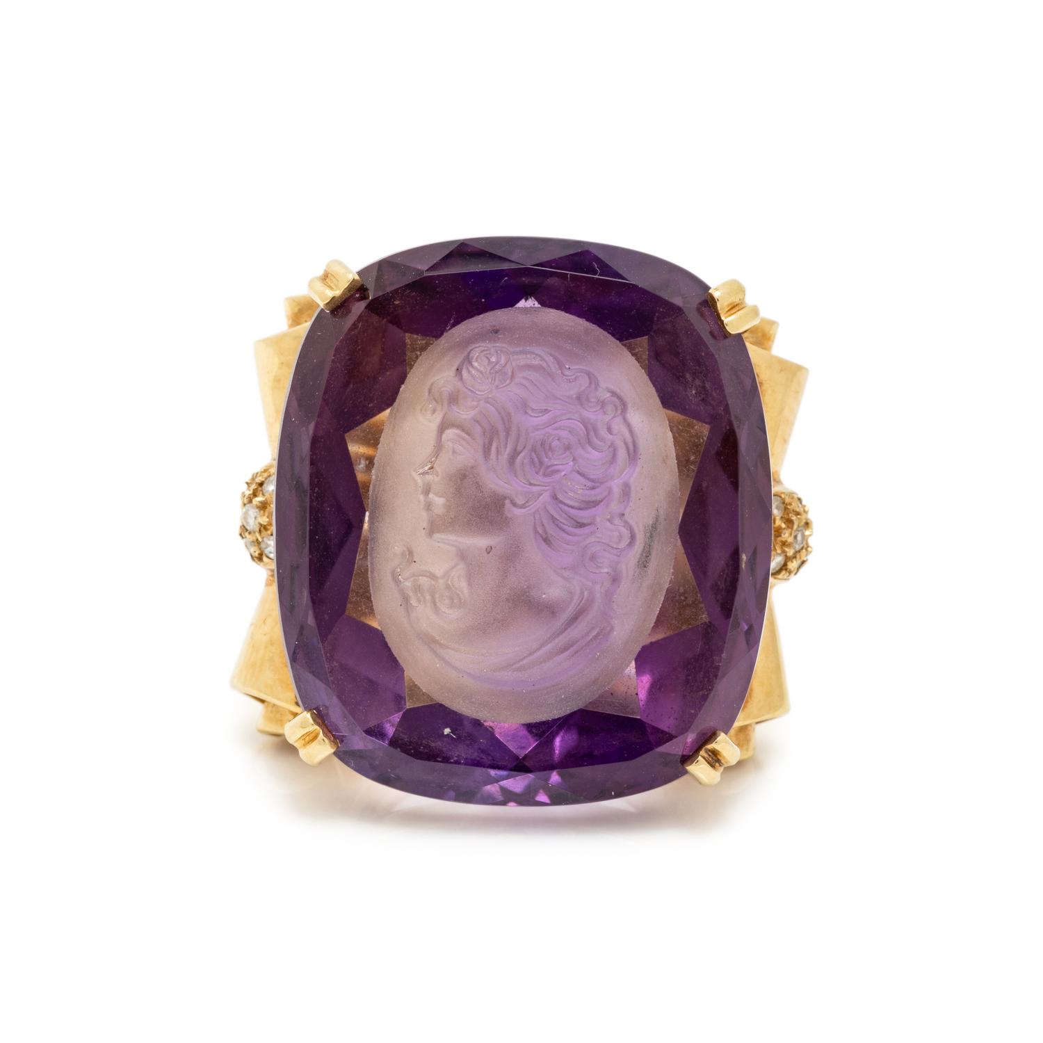 YELLOW GOLD, INTAGLIO AMETHYST, AND DIAMOND NECKLACE AND RING