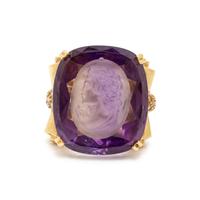 YELLOW GOLD, INTAGLIO AMETHYST, AND DIAMOND NECKLACE AND RING