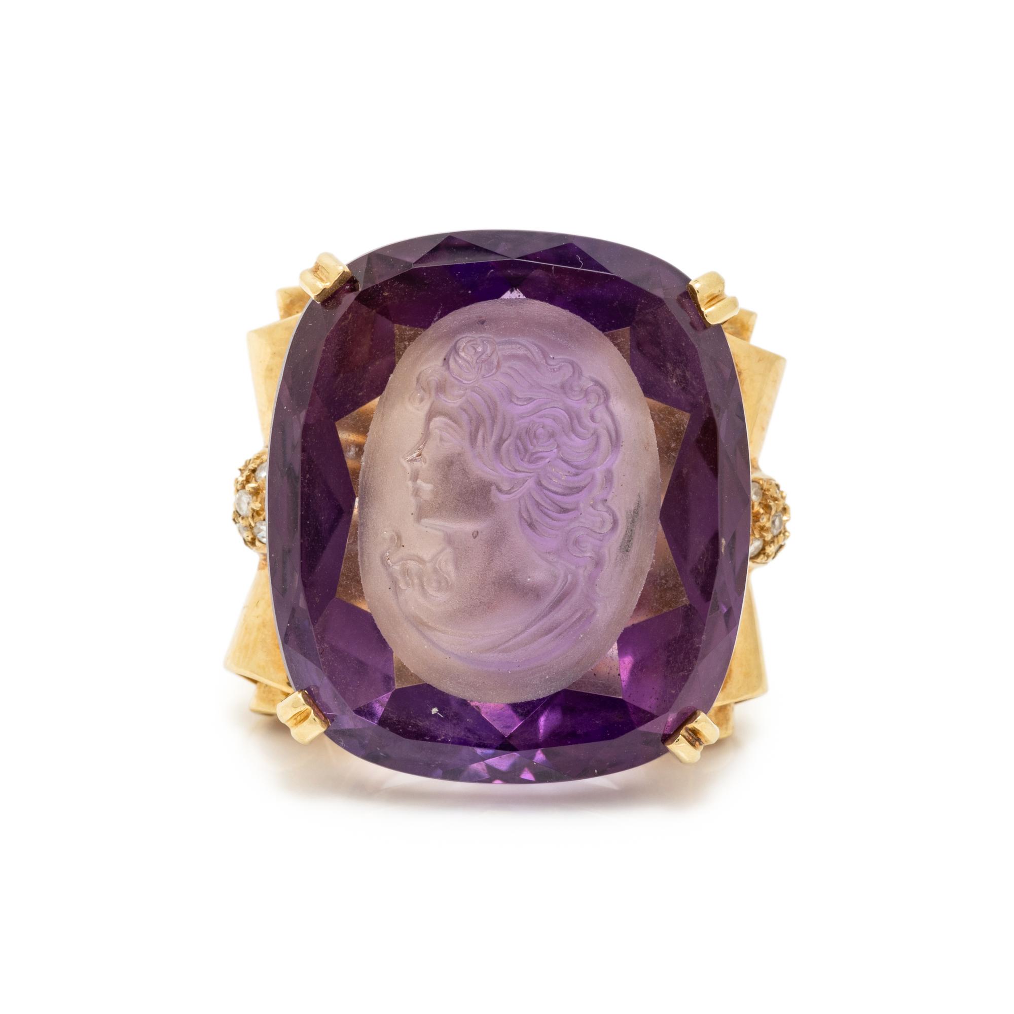 YELLOW GOLD, INTAGLIO AMETHYST, AND DIAMOND NECKLACE AND RING