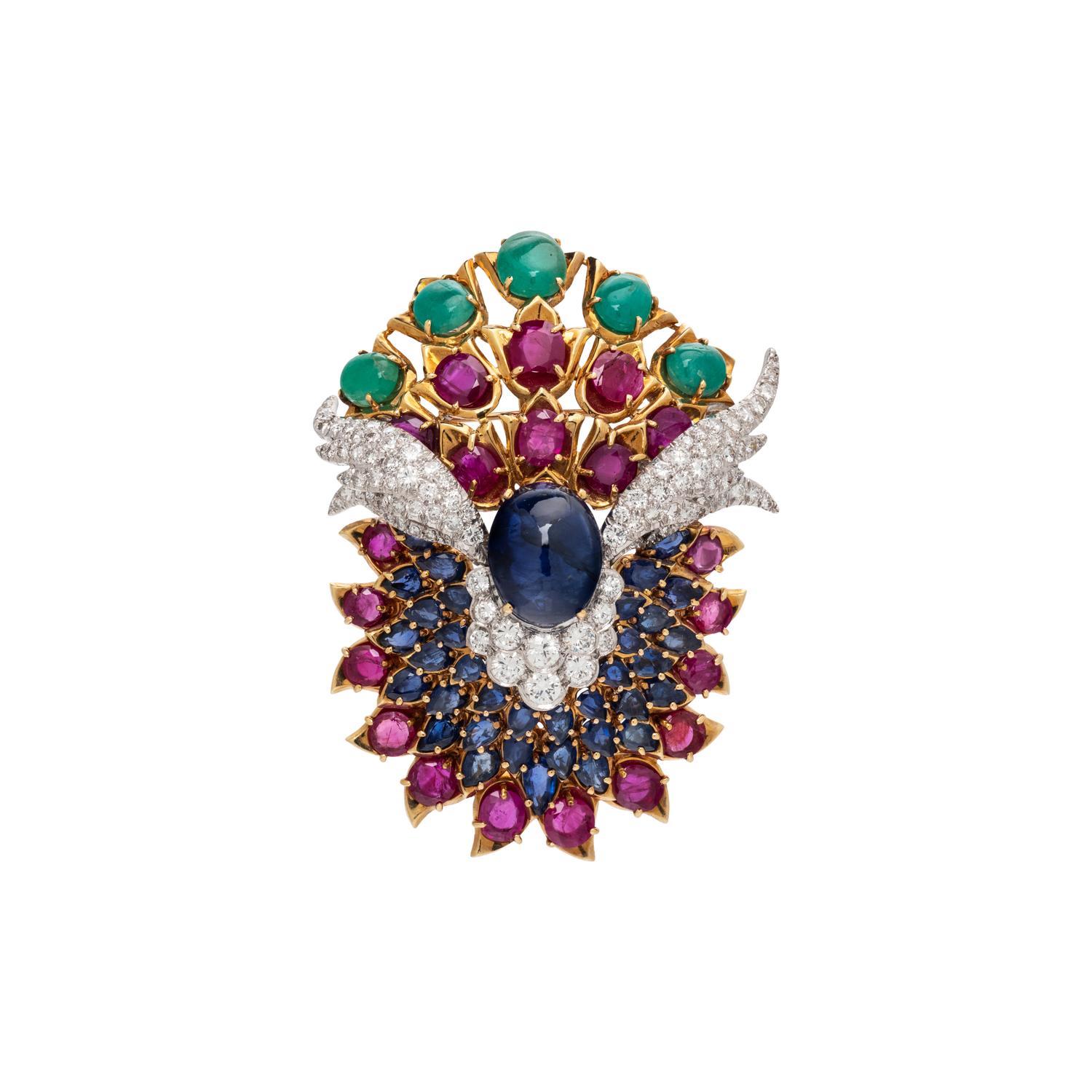 SAPPHIRE, RUBY, EMERALD AND DIAMOND PENDANT/BROOCH