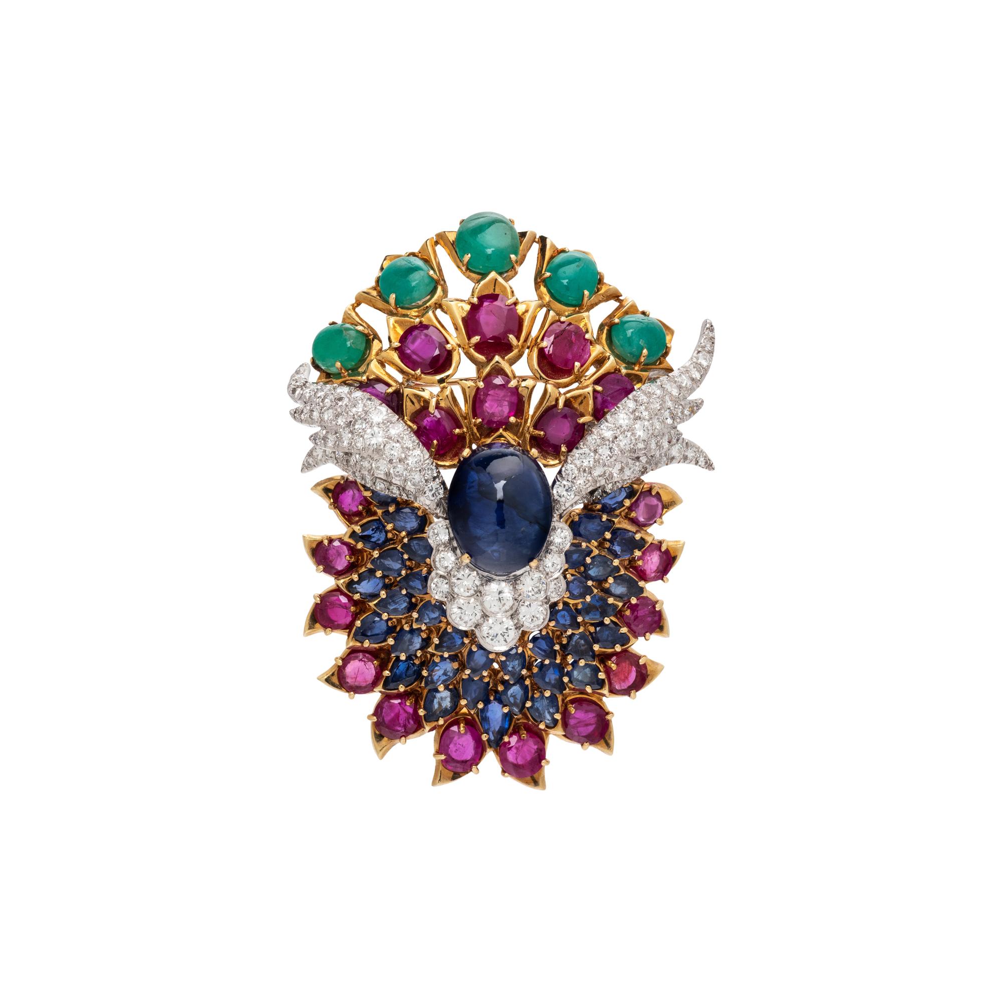 SAPPHIRE, RUBY, EMERALD AND DIAMOND PENDANT/BROOCH