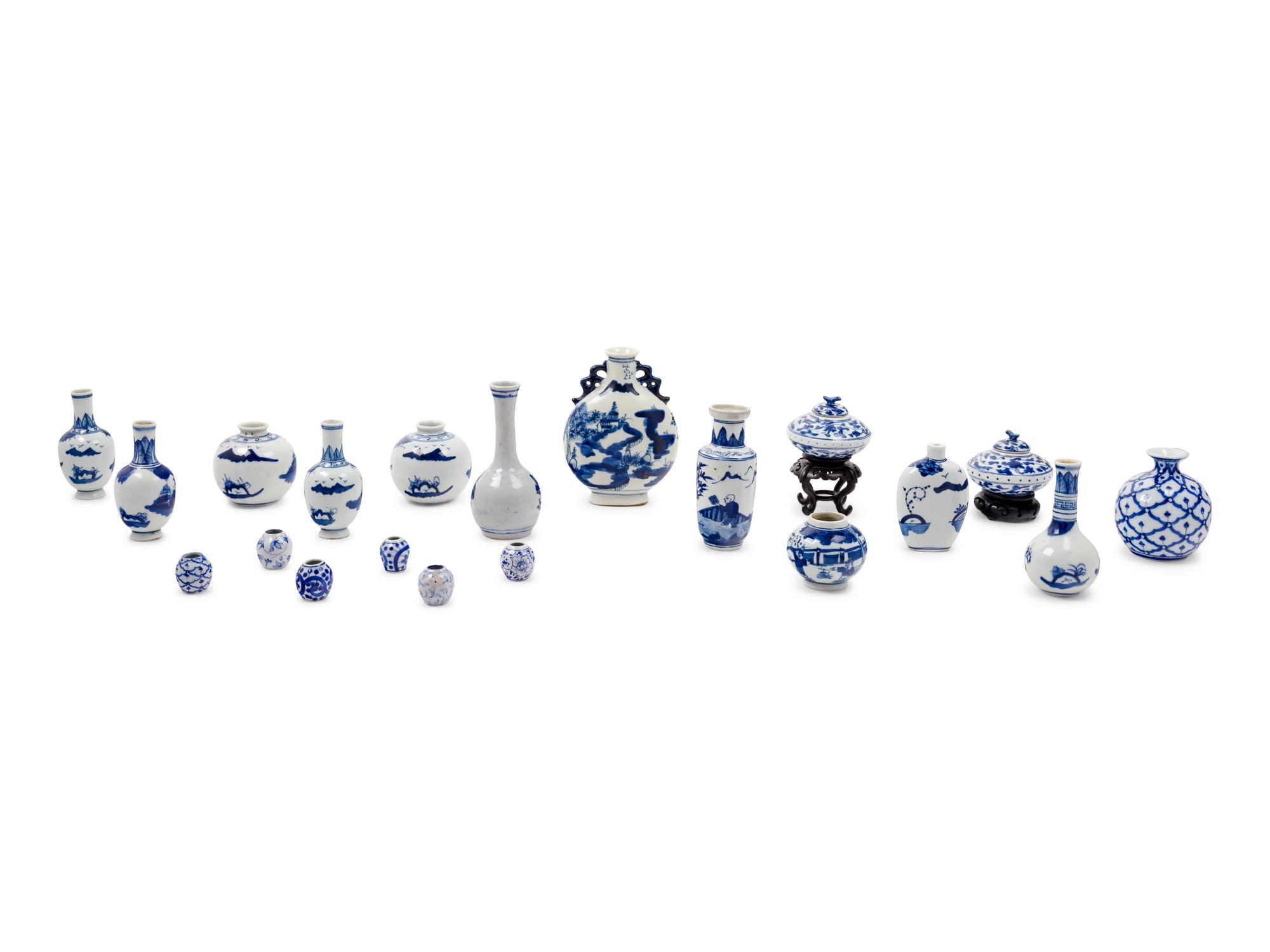 Twenty Small Blue and White Porcelain Vessels