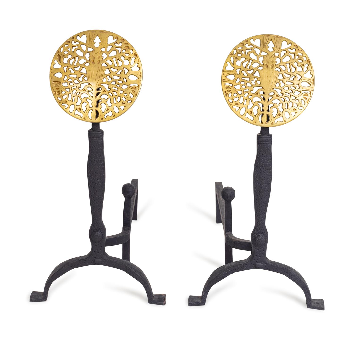 A Pair of Arts & Crafts Style Brass and Wrought-Iron Andirons by Harvin for Virginia Metalcrafters — MID-2OTH CENTURY